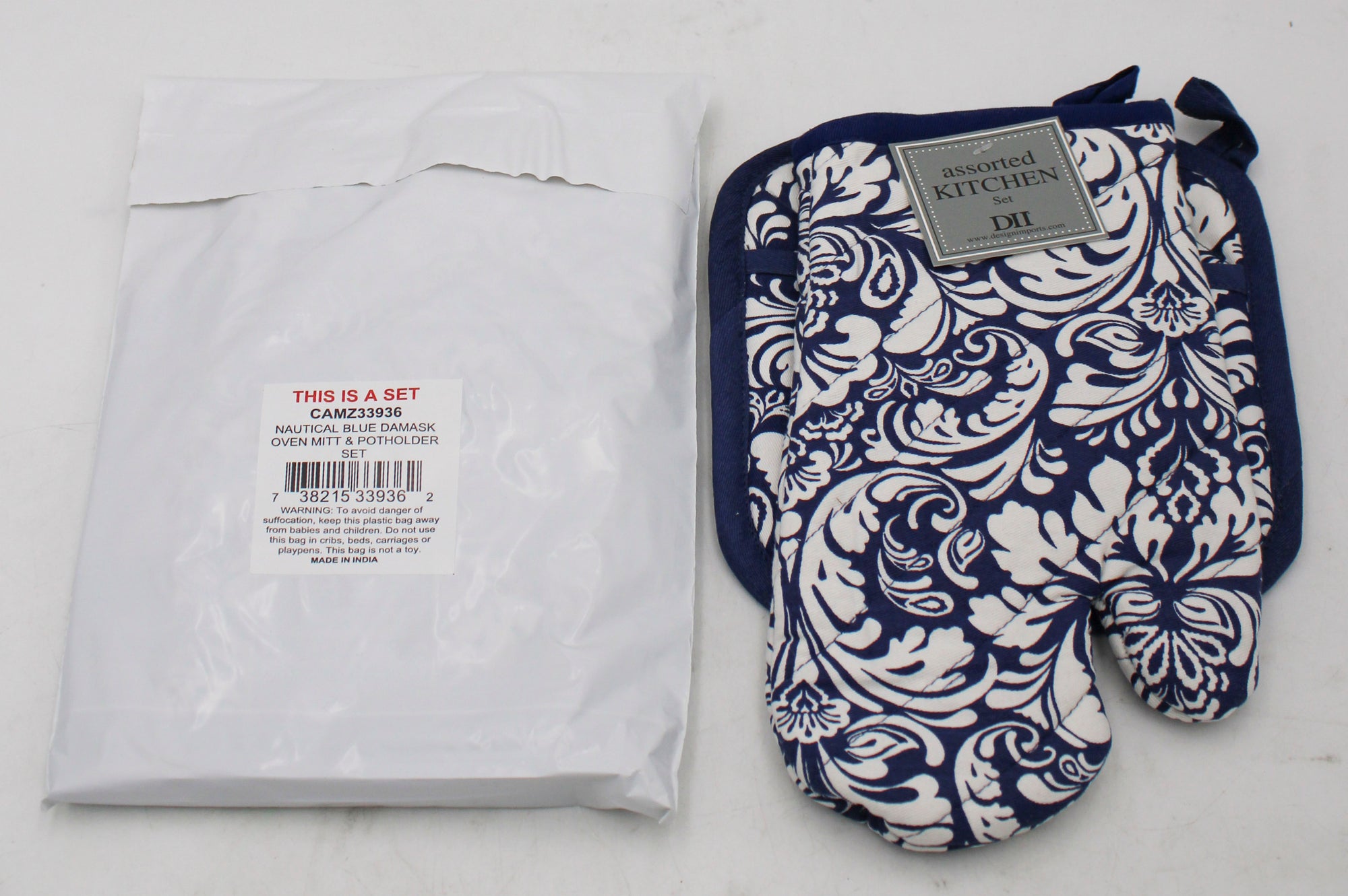 2 CT OVEN MITT & POTHOLDER SET -NAUTICAL BLUE DAMASK