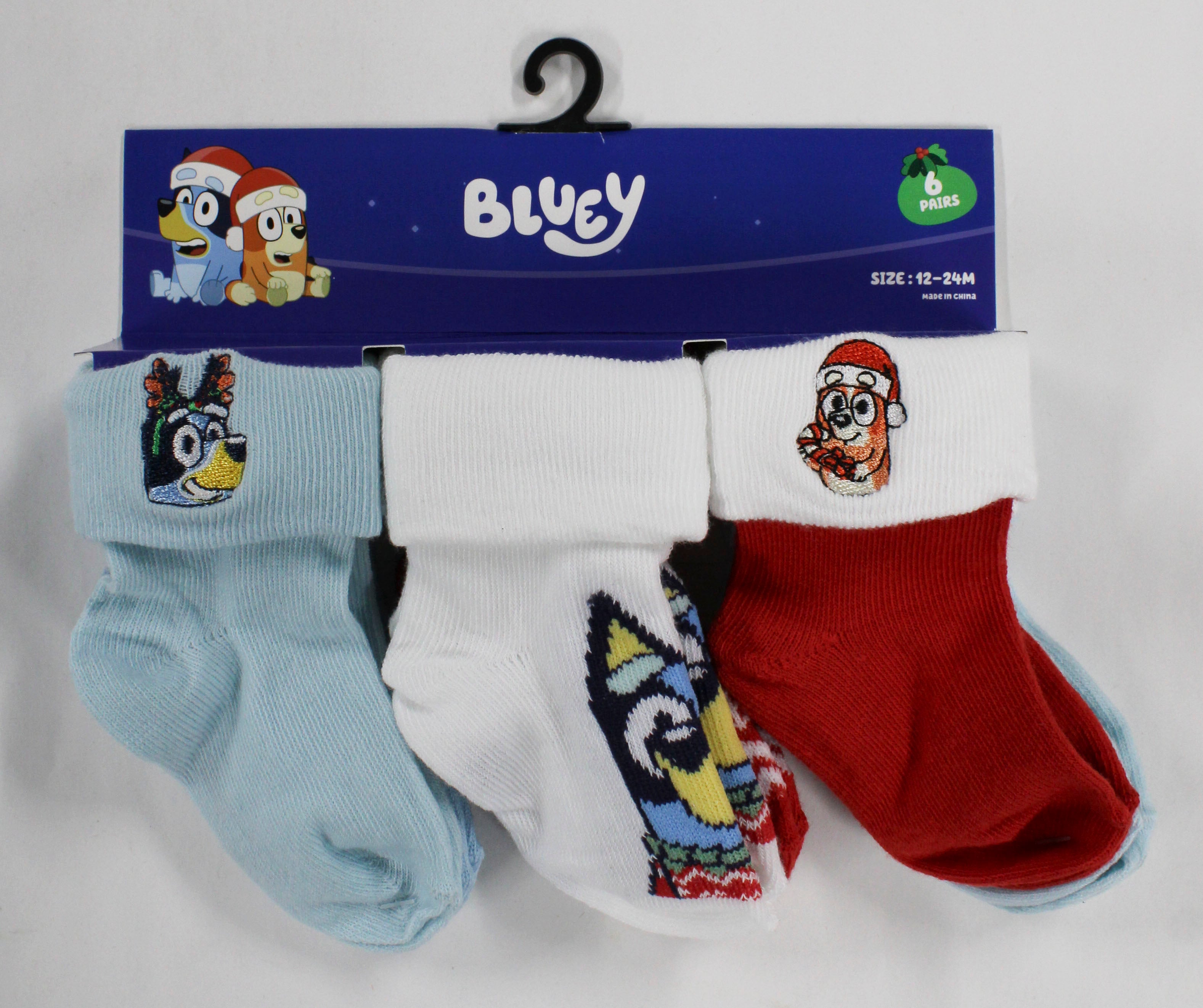 6pk 12-24m BOYS BLUEY CHEERS TO XMAS TURN CUFF SOCKS