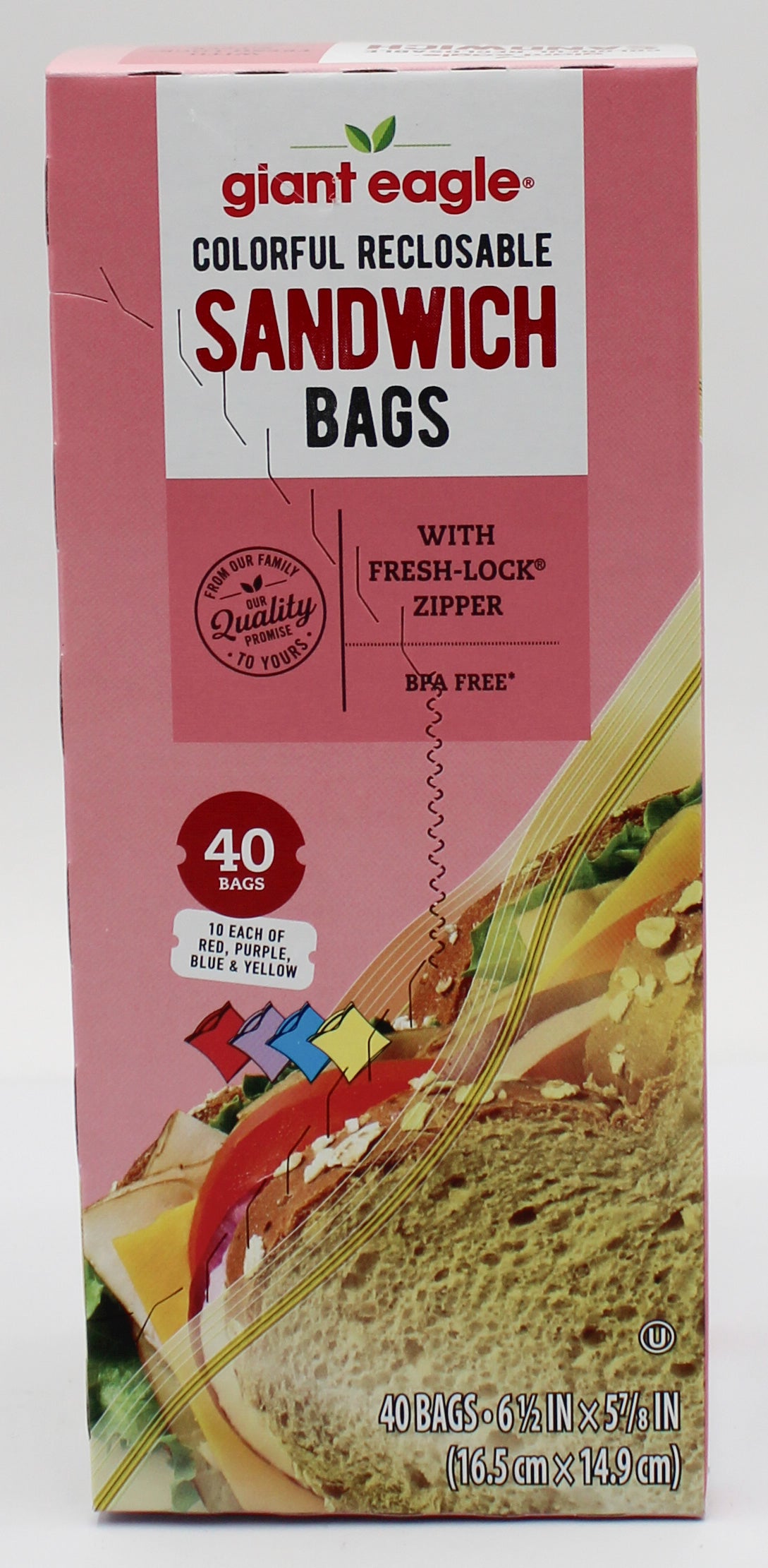 40CT GIANT EAGLE SANDWICH BAGS - PRESS TO CLOSE ASST COLORS