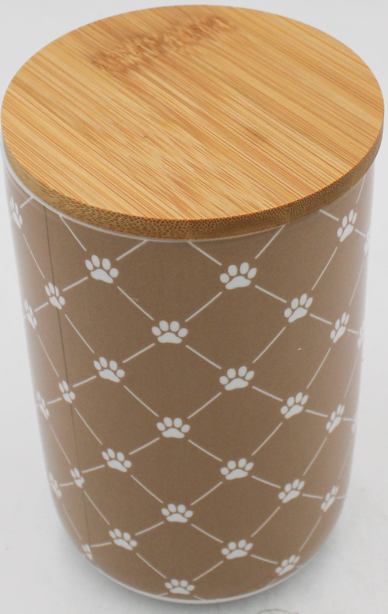 CERAMIC TREAT CANISTER 4" x 6.5" - TAUPE TRELLIS PAW