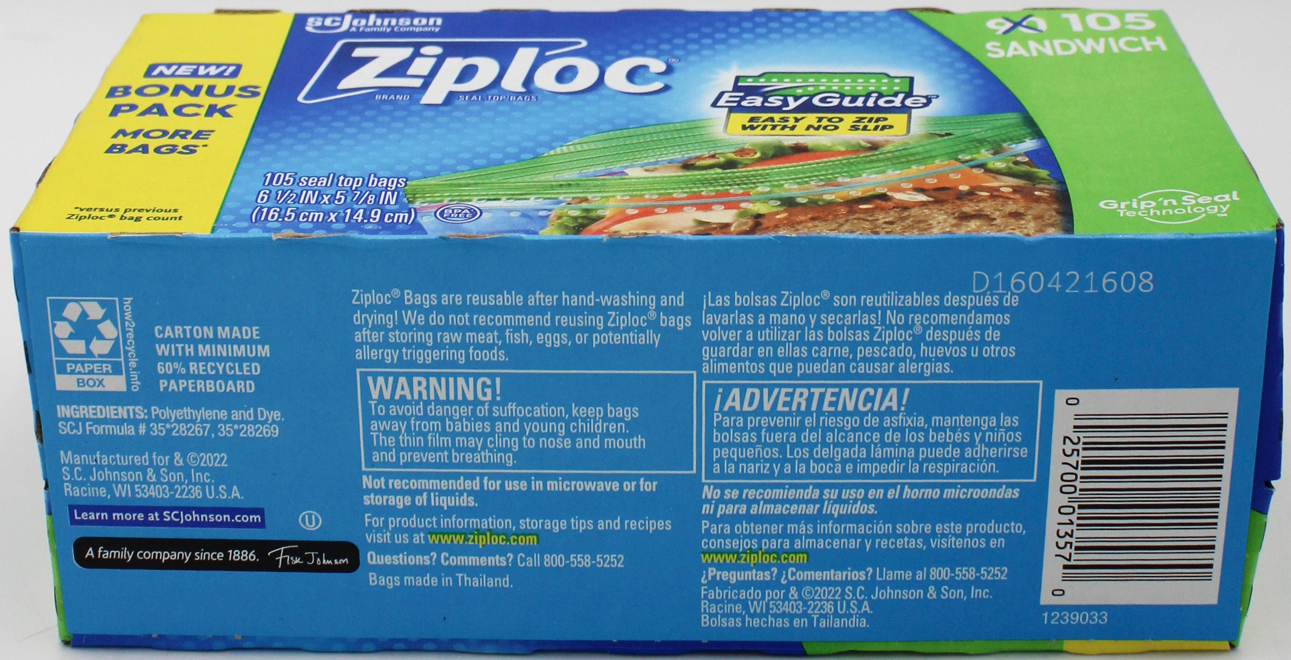 SP ZIPLOC BAG 105CT SANDWICH.