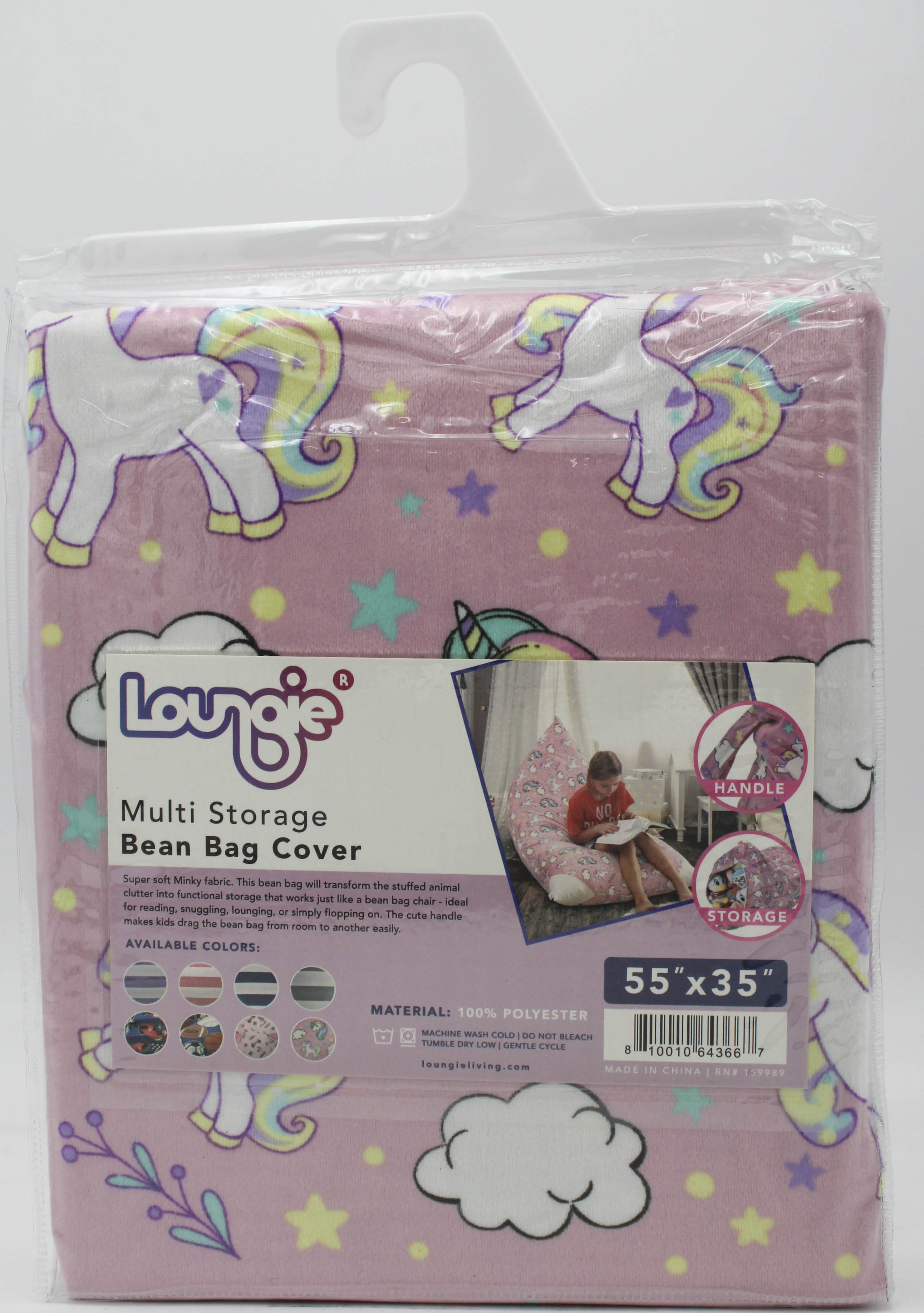 Loungie Stuffed Animal Storage Bean Bag Cover, Extra Large 55 Inch Bean Bag Chair, Light Pink Unicorn