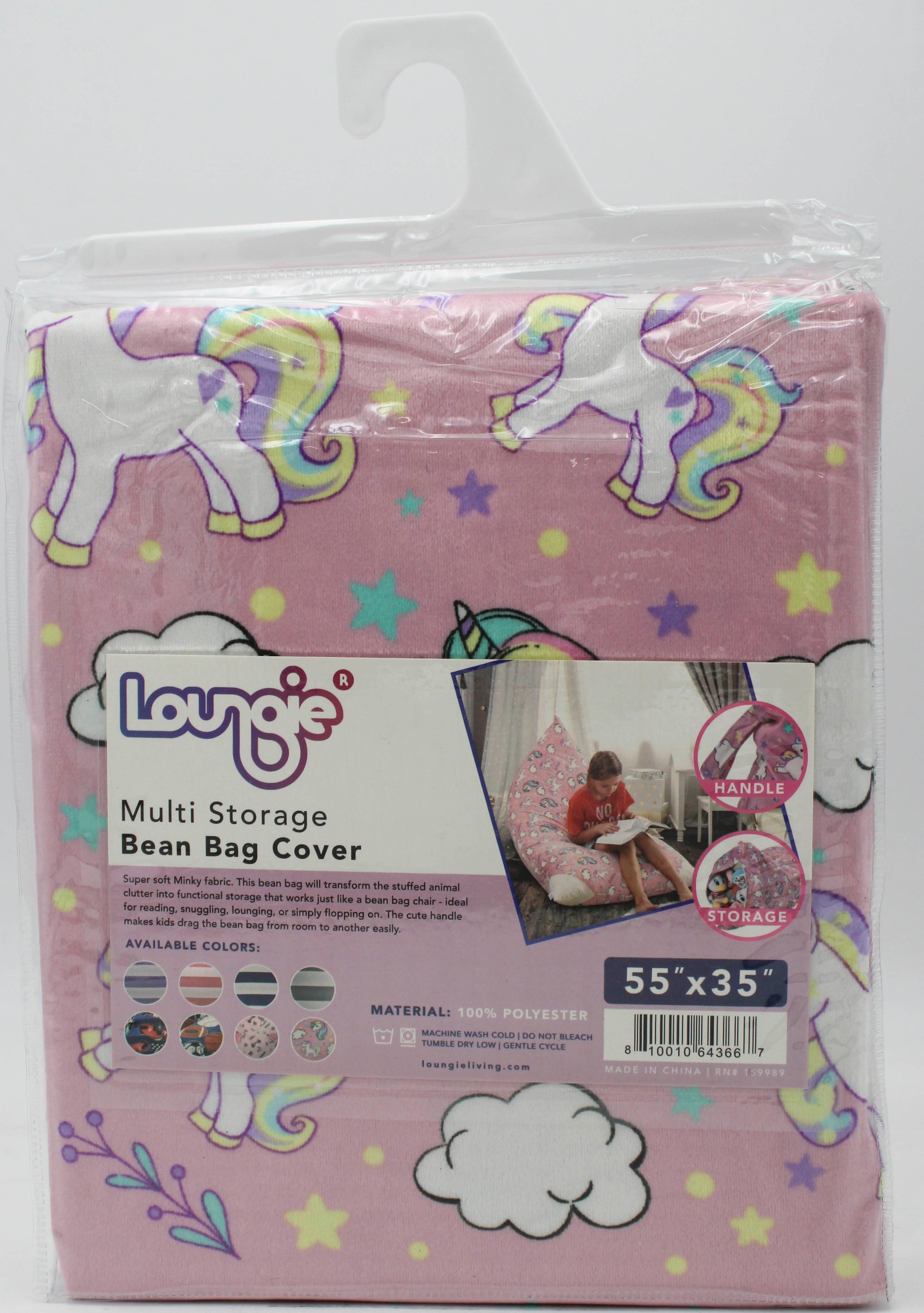 Loungie Stuffed Animal Storage Bean Bag Cover, Extra Large 55 Inch Bean Bag Chair, Light Pink Unicorn
