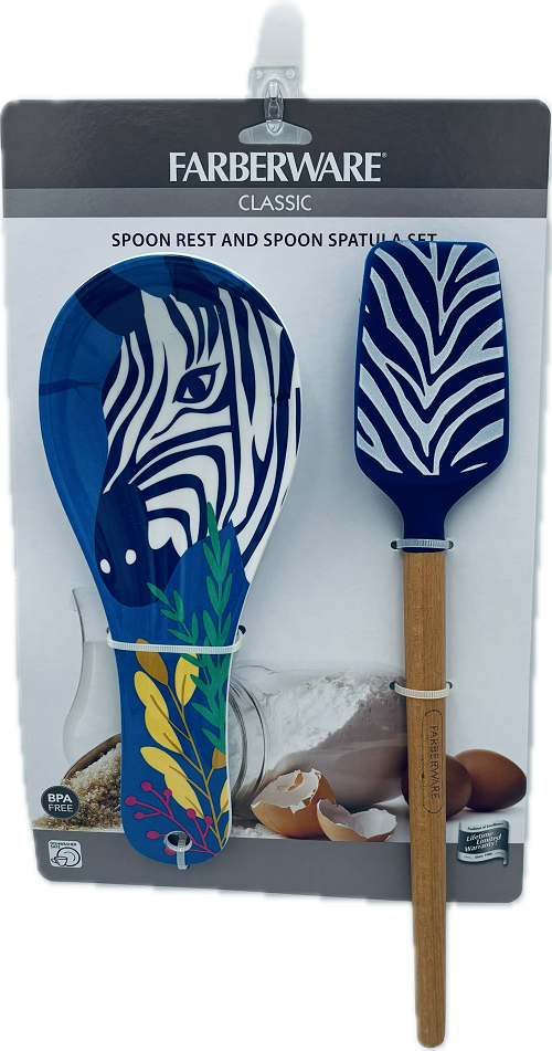 FARBERWARE SPOON REST AND SPOON SPATULA SET  ZEBRA  NI