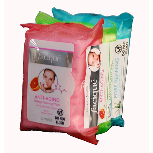 FACIQUE ASSORTED MAKEUP CLEANSING WIPES- 3-30CT PACKS-ANTI-AGING/MOISTURIZING/PORE REFINING