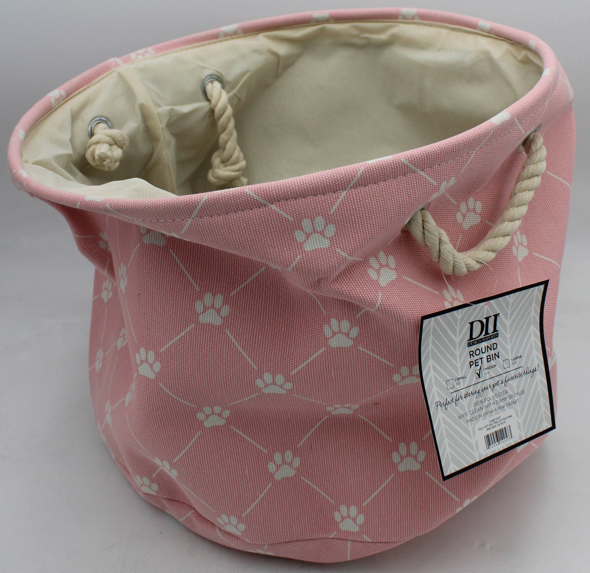 POLYESTER PET BIN TRELLIS PAW PINK ROUND MEDIUM 12x15x15