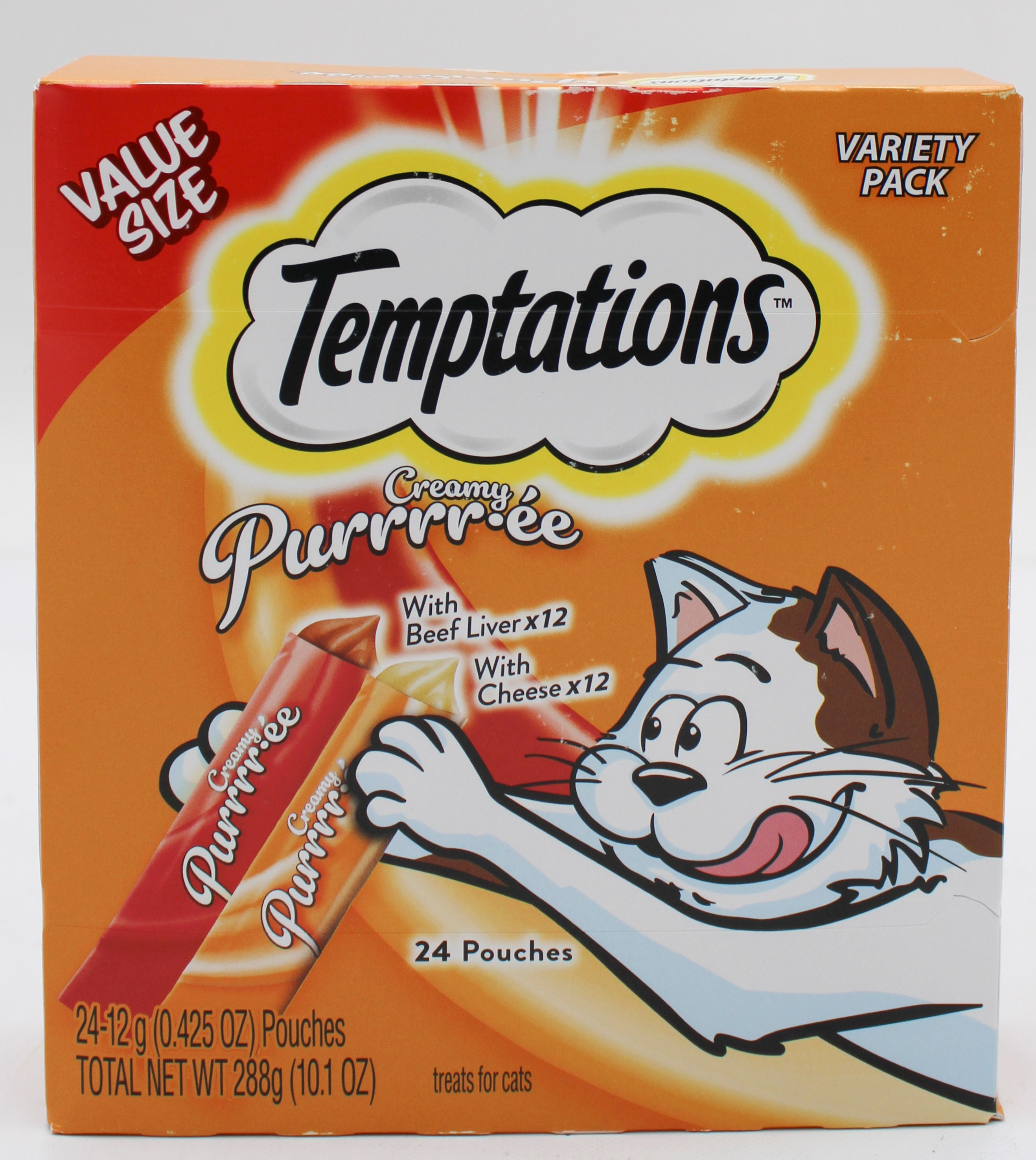 TEMPTATIONS CREAMY PUREE WITH BEEF LIVER & CHEESE VARIETY PACK LICKABLE CAT TREATS, 12-GM POUCH, 24 COUNT BB 1/27/2027