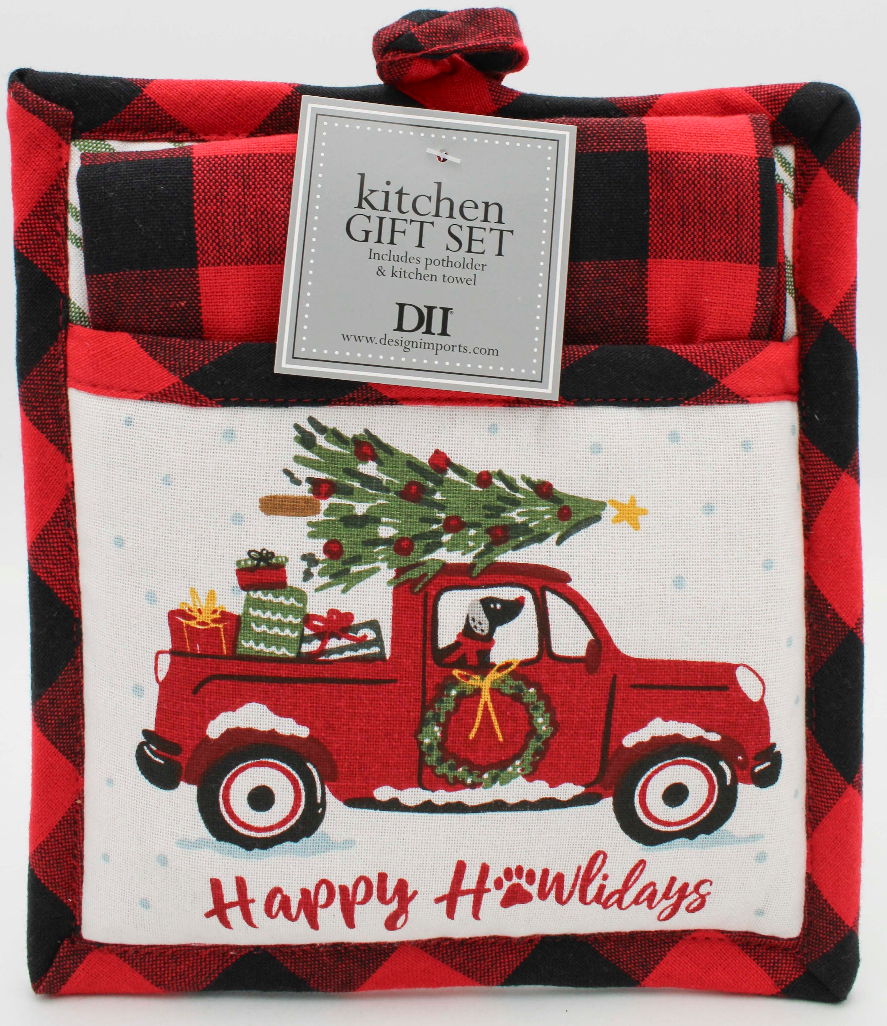 2PC GIFT SET - POTHOLDER AND DISHTOWEL - HAPPY HOWLIDAYS CHRISTMAS