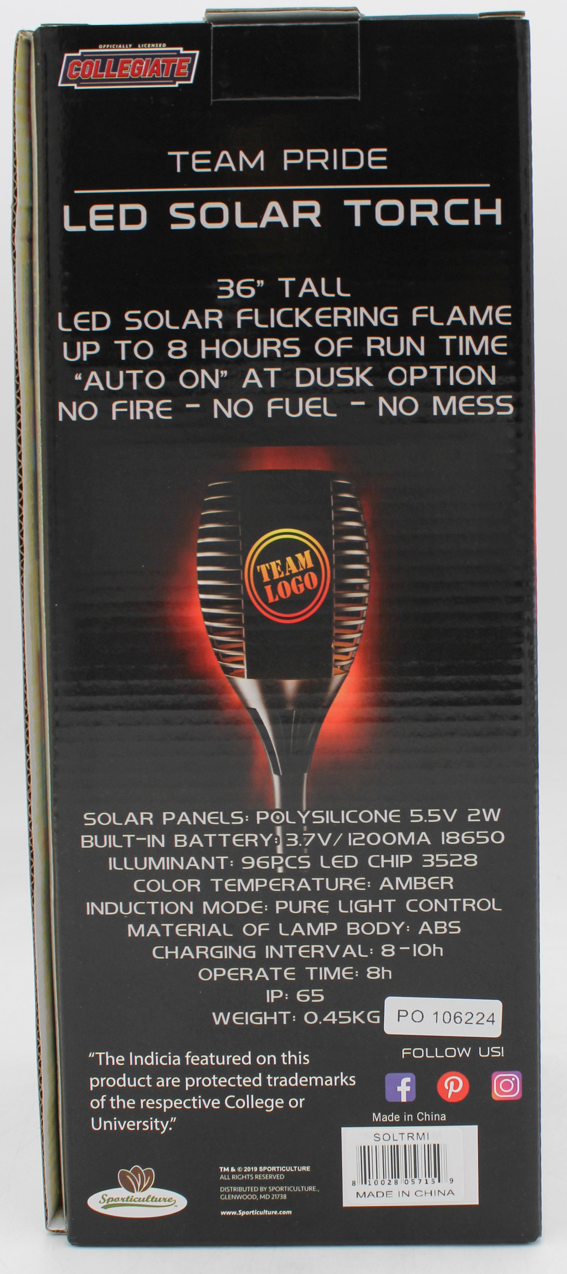 NCAA MIAMI HURRICANES LED SOLAR TORCH 36"