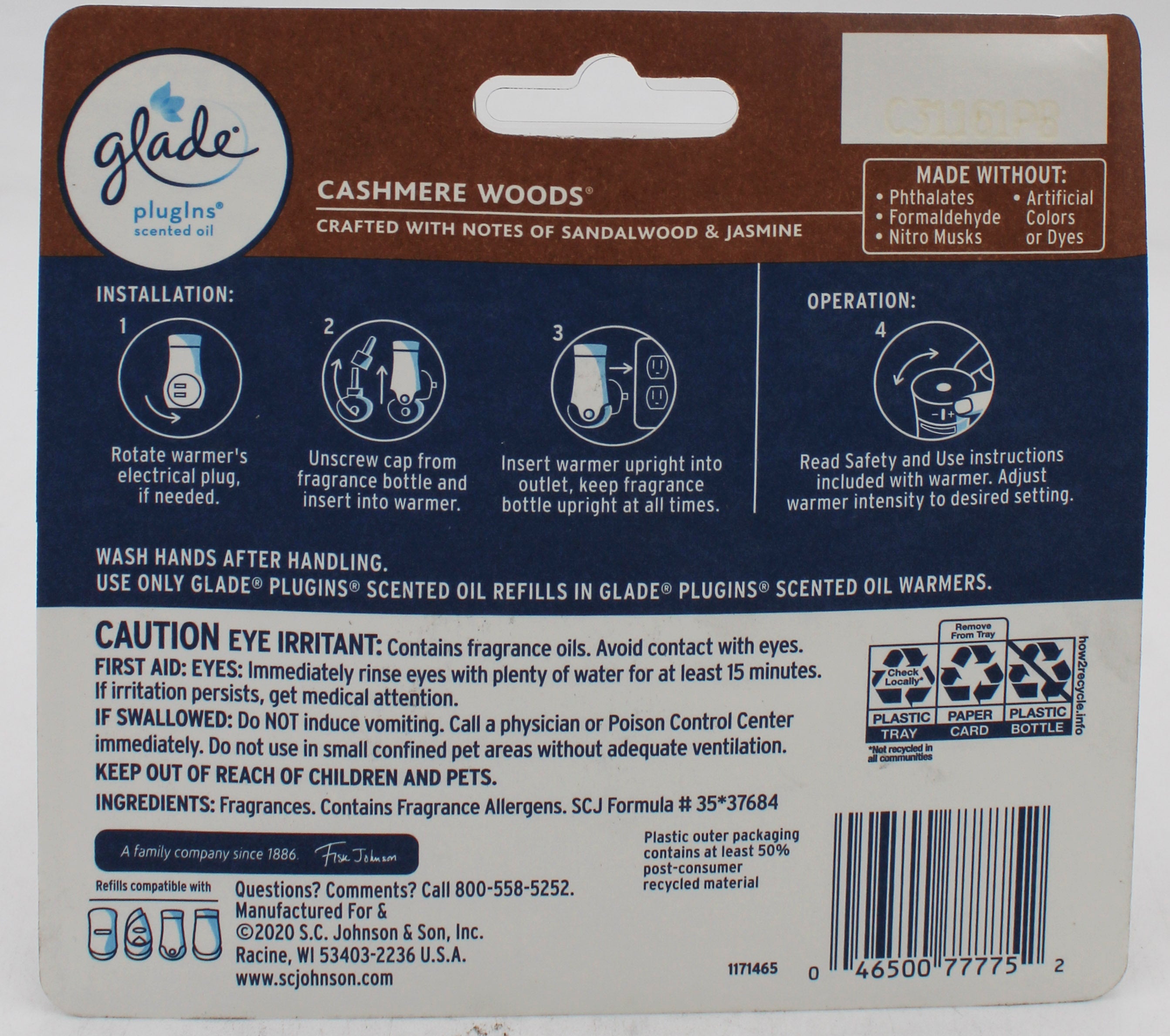 SP GLADE PLUGING SCENTED OIL  5REFILLS 3.35oz CASHMERE WOODS