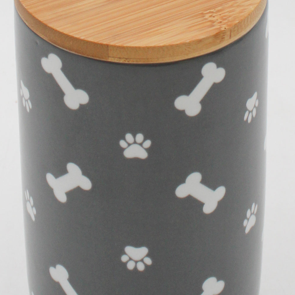 CERAMIC TREAT CANISTER 4" x 6.5" - GRAY TOSSED BONE & PAW
