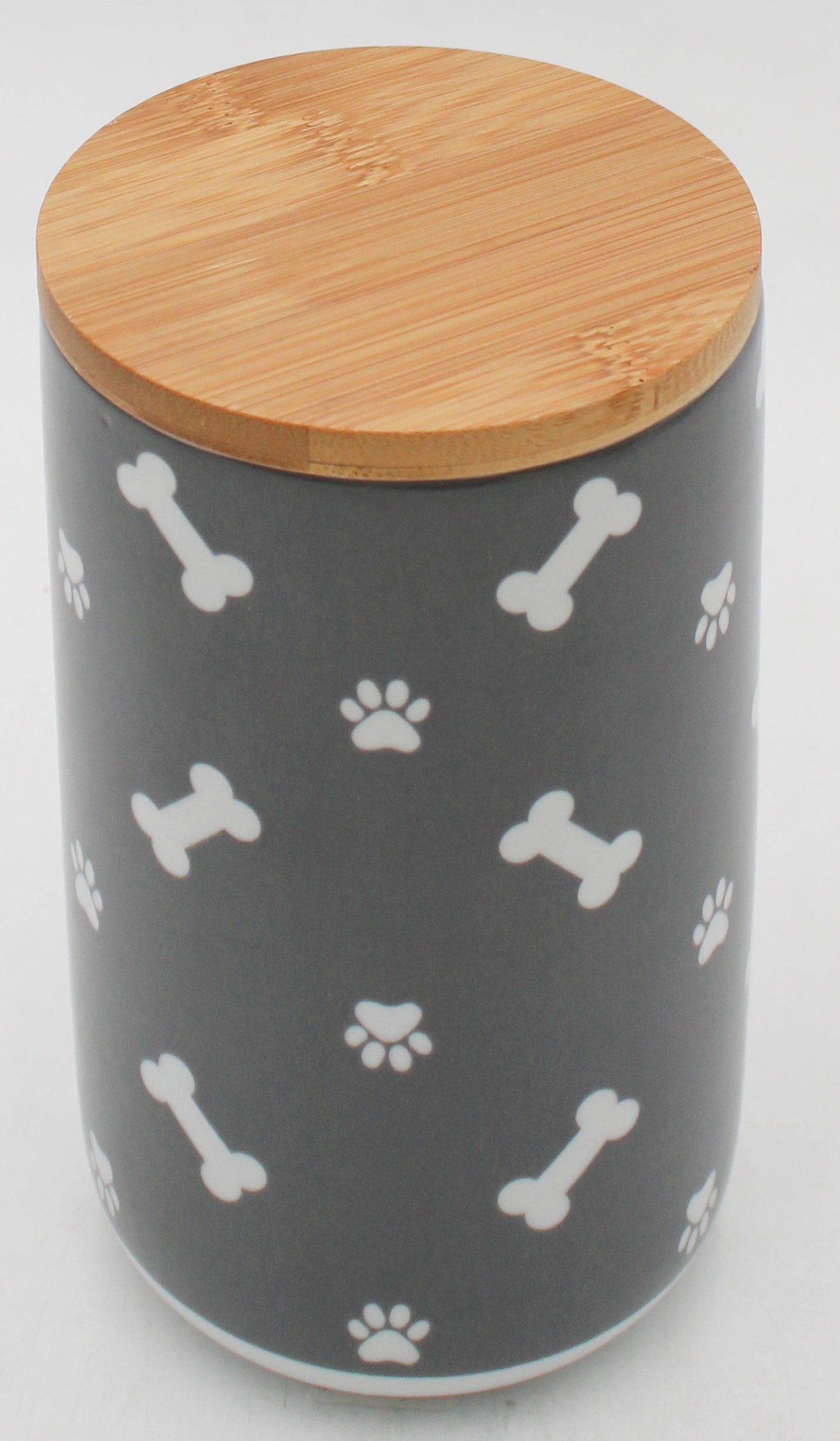 CERAMIC TREAT CANISTER 4" x 6.5" - GRAY TOSSED BONE & PAW