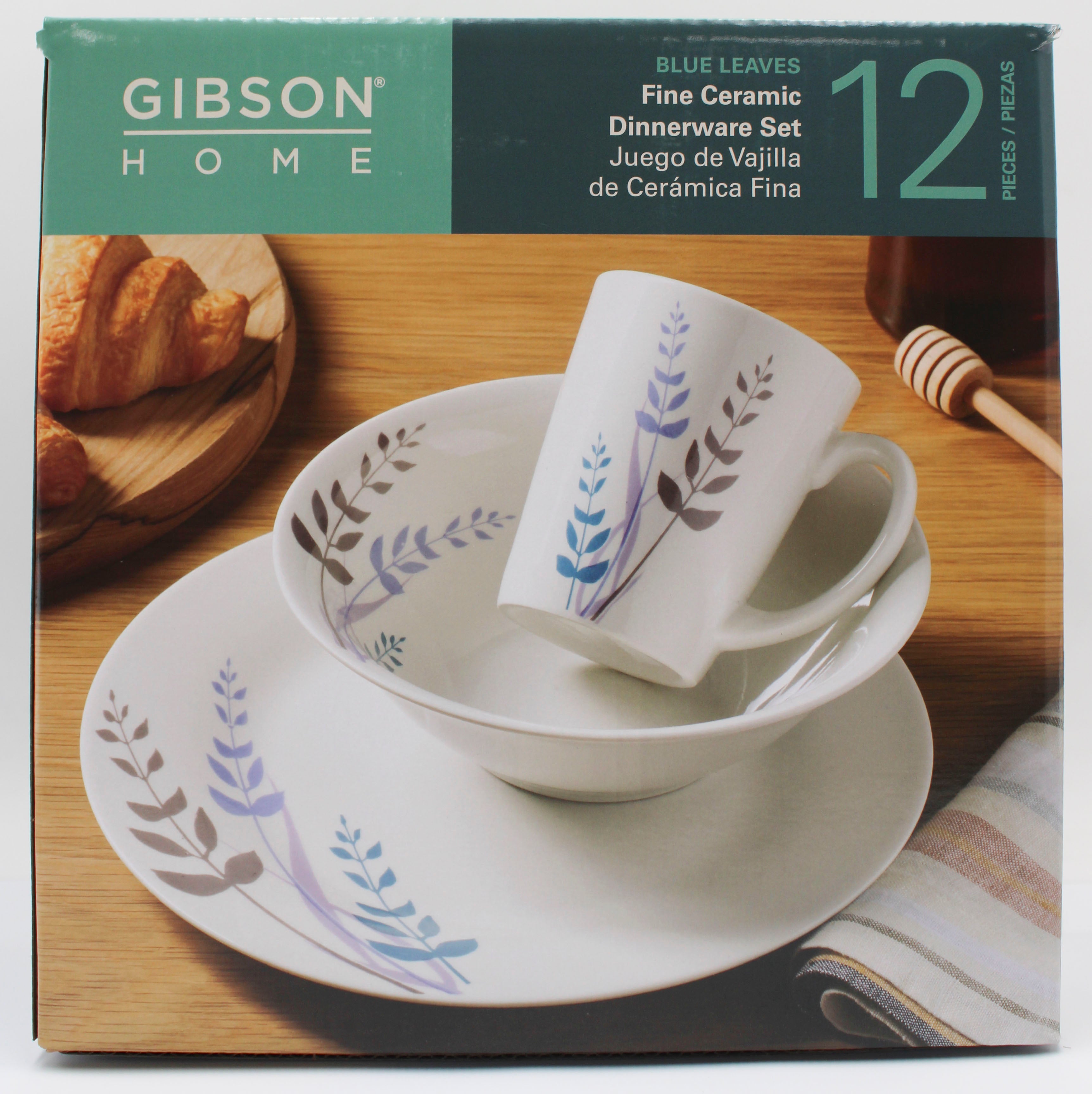 12pc DINNERWARE ST - CERAMIC BLUE LEAVES
