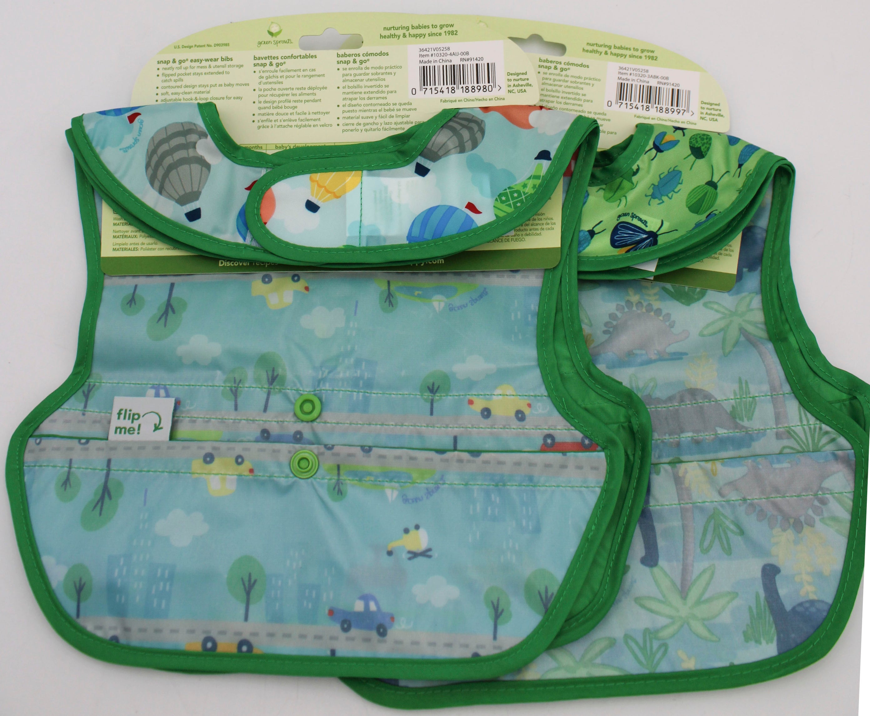 O2COOL 3PK SNAP & GO EASY-WEAR PULL-OVER BIB -AQUA HOT AIR BALLOON & GREEN BUG LIFE - 9MO-18MO NI