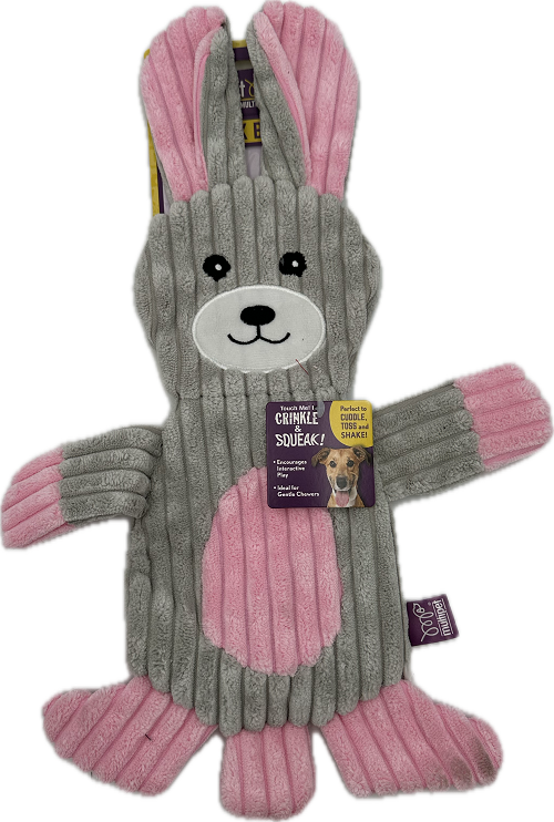 MULTI PET DOG TOY FLAP JACKS BUNNY CRINKLE & SQUEAK GRAY W/PINK