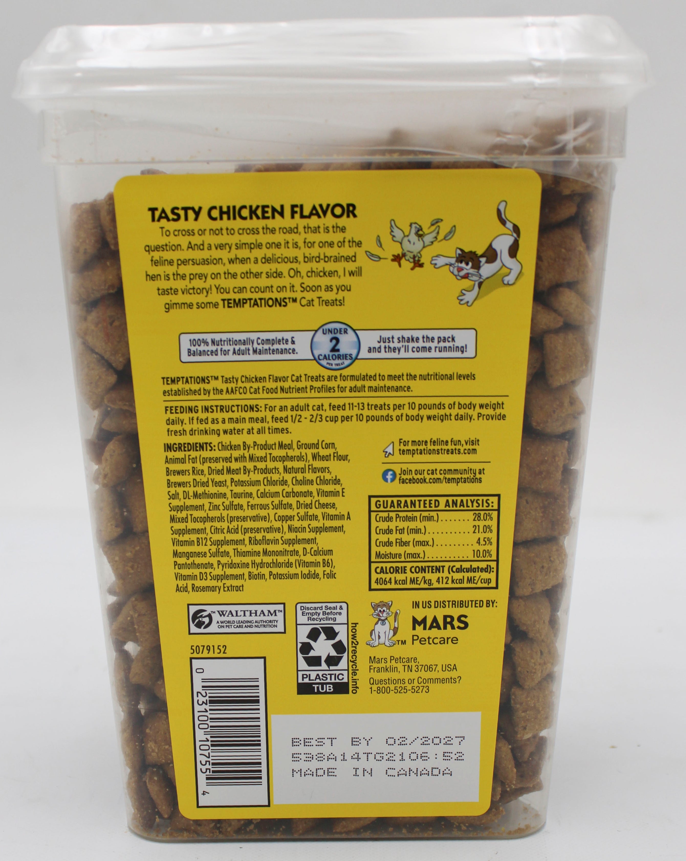 TEMPTATIONS CLASSIC TASTY CHICKEN FLAVOR CRUNCHY AND SOFT TREATS FOR CATS 16 OZ TUB BB 2/28/2027