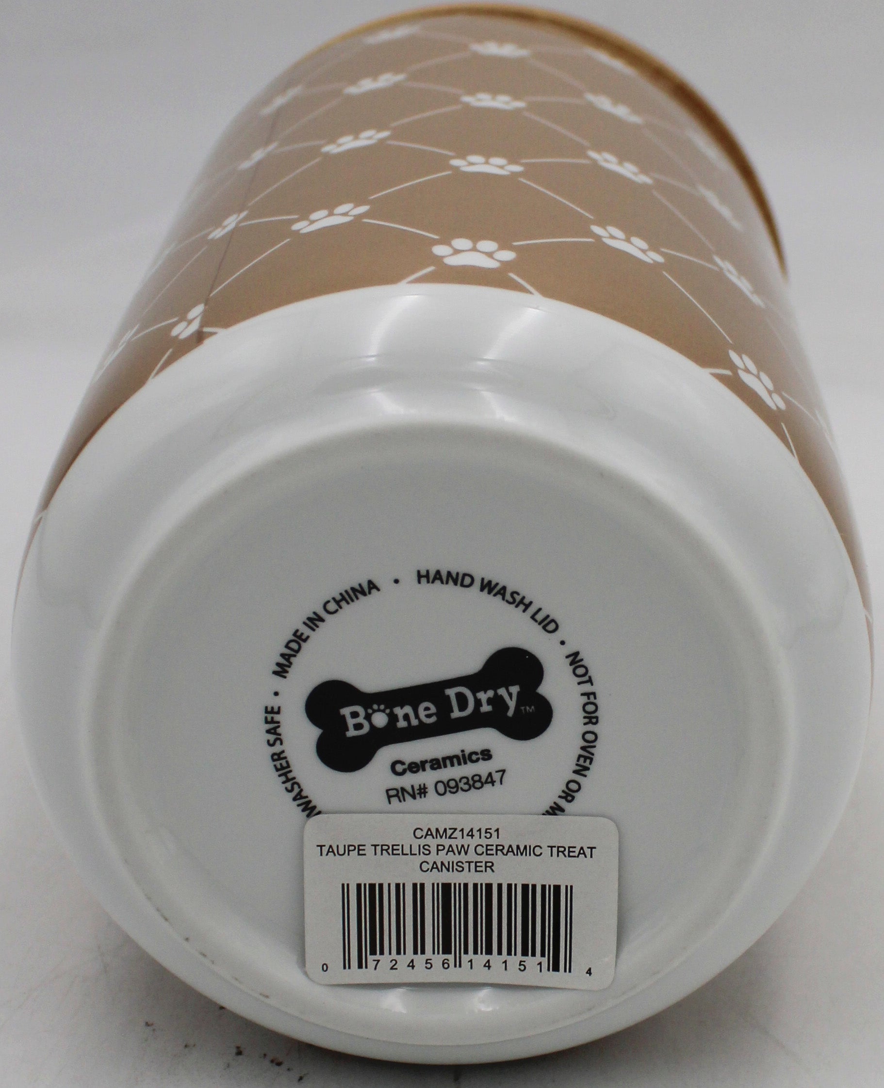 CERAMIC TREAT CANISTER 4" x 6.5" - TAUPE TRELLIS PAW