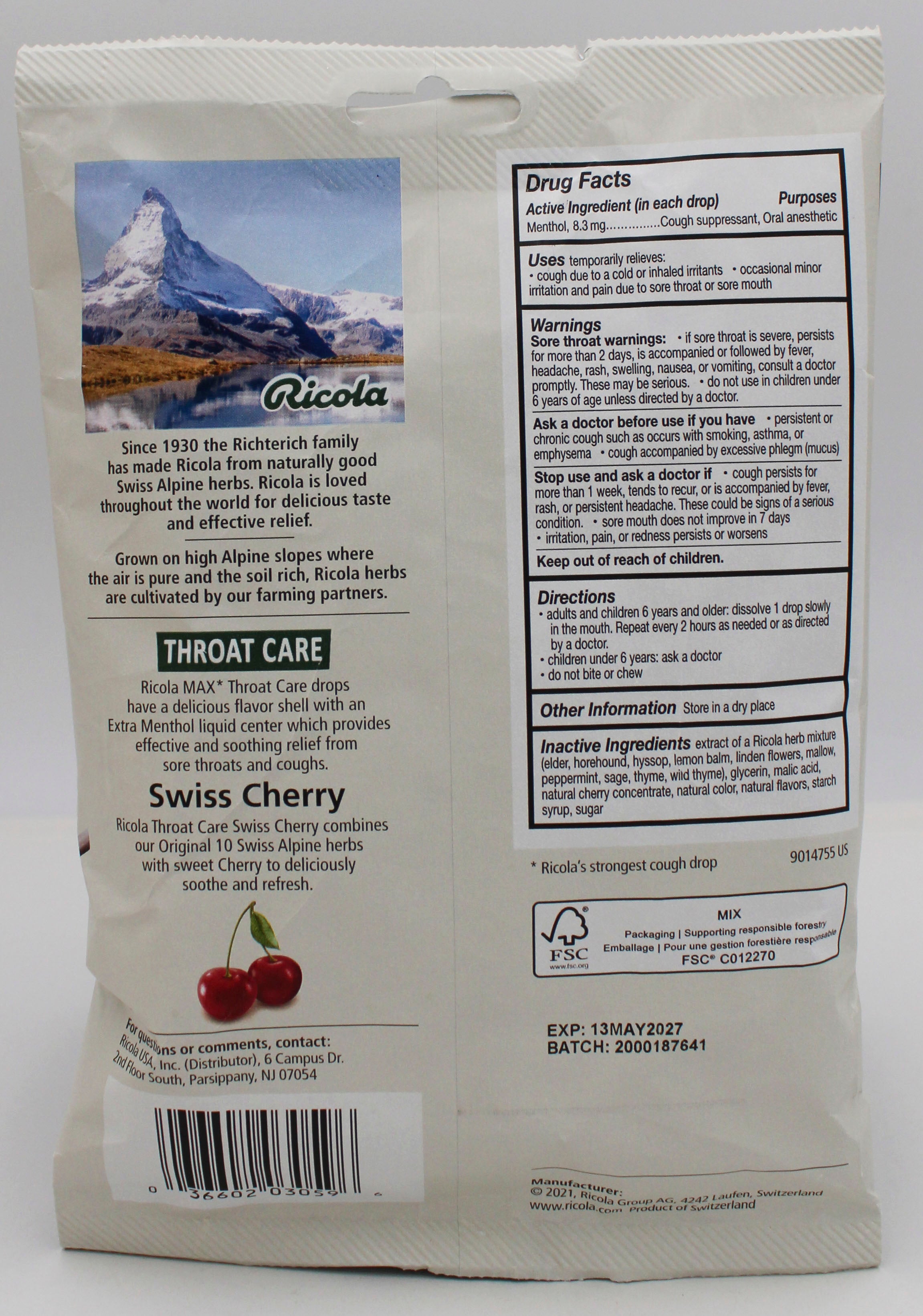 RICOLA 34 CT BAG MAX CHERRY THROAT CARE EXP 5/13/27