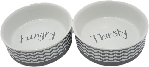 PET BOWL ASSORTED HUNGRY/THIRSTY MEDIUM 6Dx2H CHEVRON GRAY