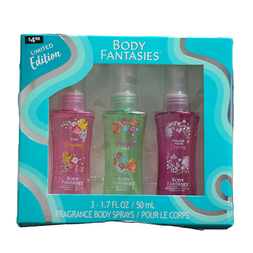BODY FANTASIES LIMITED EDITION 3-1.7OZ BODY SPRAYS (STAY GORGEOUS, GOOD VIBES ONLY, FOLLOW YOUR DREAMS) PP $4.98