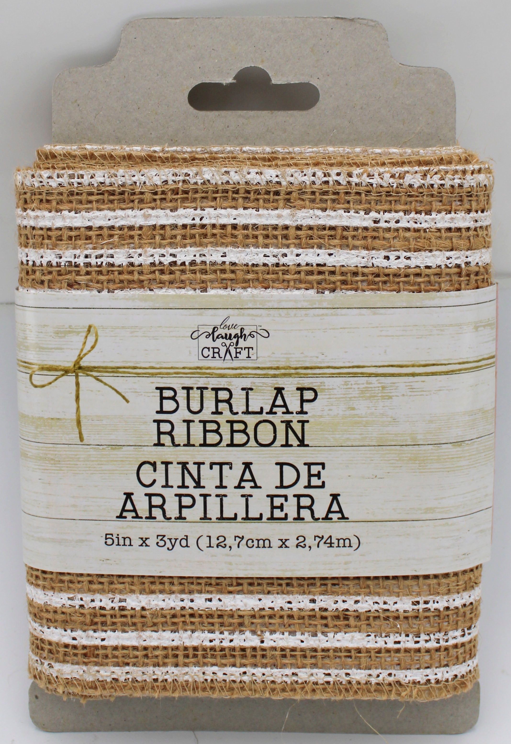 5 IN   X 3 YD   NATURAL BURLAP RIBBON - FRAYED EDGES - WHITE SCREENPRINT STRIPE