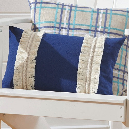 NAVY FRINGE PILLOW COVER 18"L x 12"W