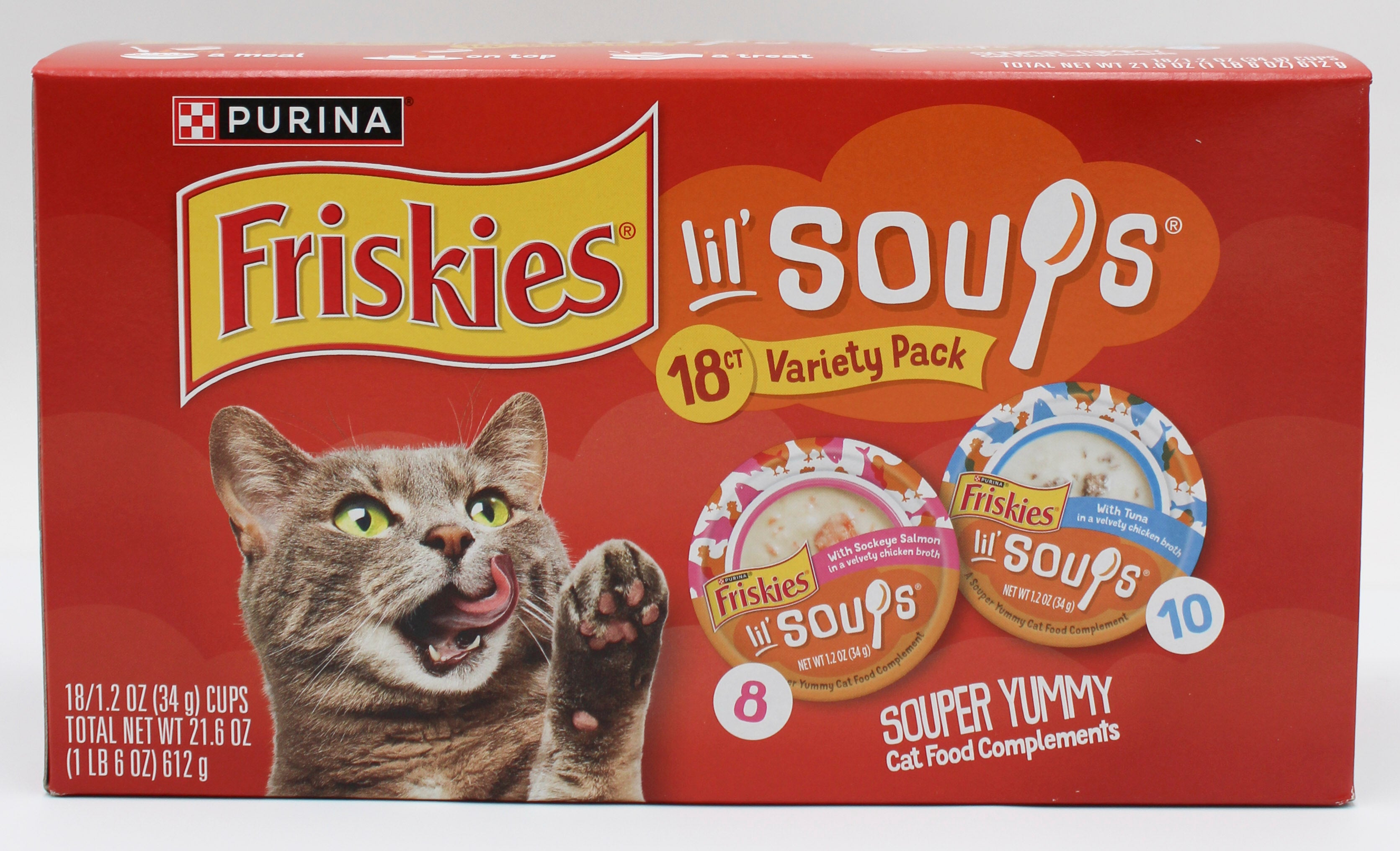 PURINA FRISKIES LIL SOUPS SALMON & TUNA VARIETY PACK 18CT BB 2/28/27 NI
