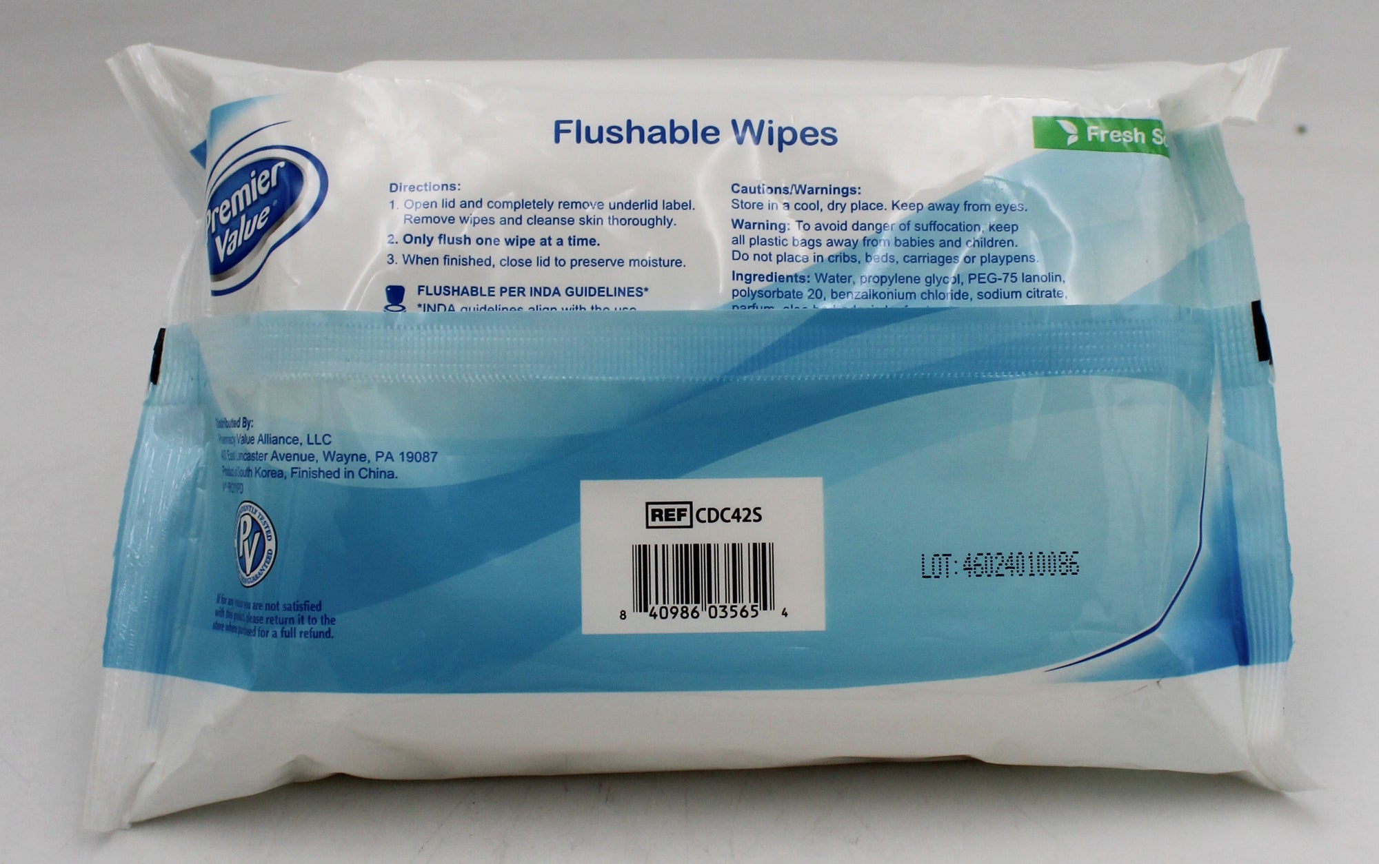 PREMIER VALUE FLUSHABLE WIPES FRESH SCENT 42ct REFILL W/ LID EXP 1/2026 NI