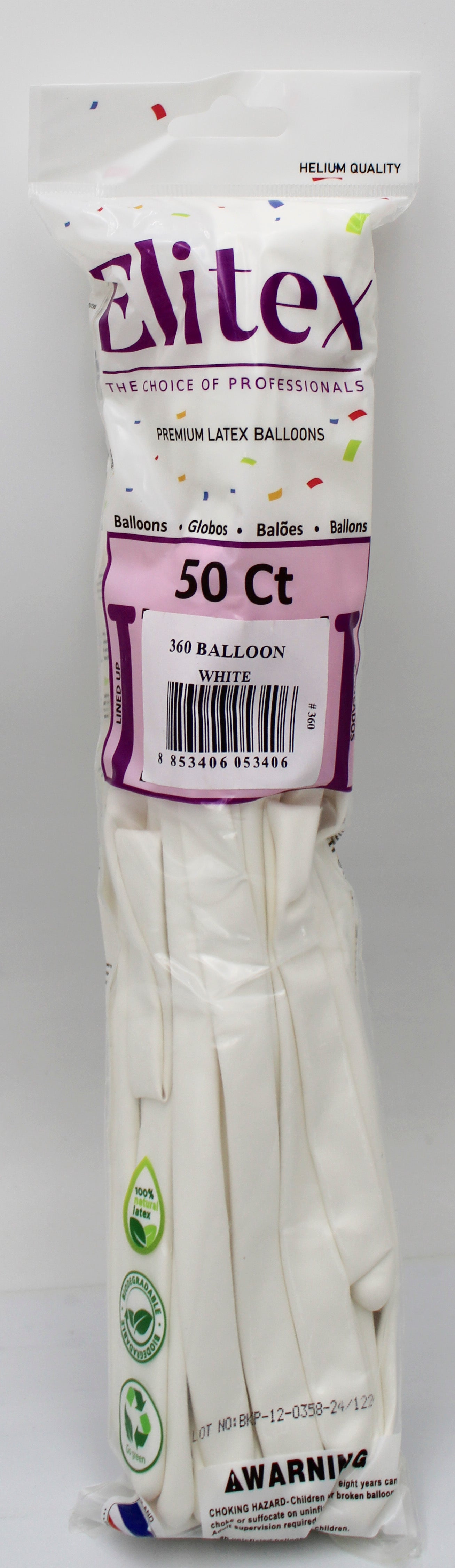 ELITEX 360" WHITE MODELLING BALLOON, 50 PACK