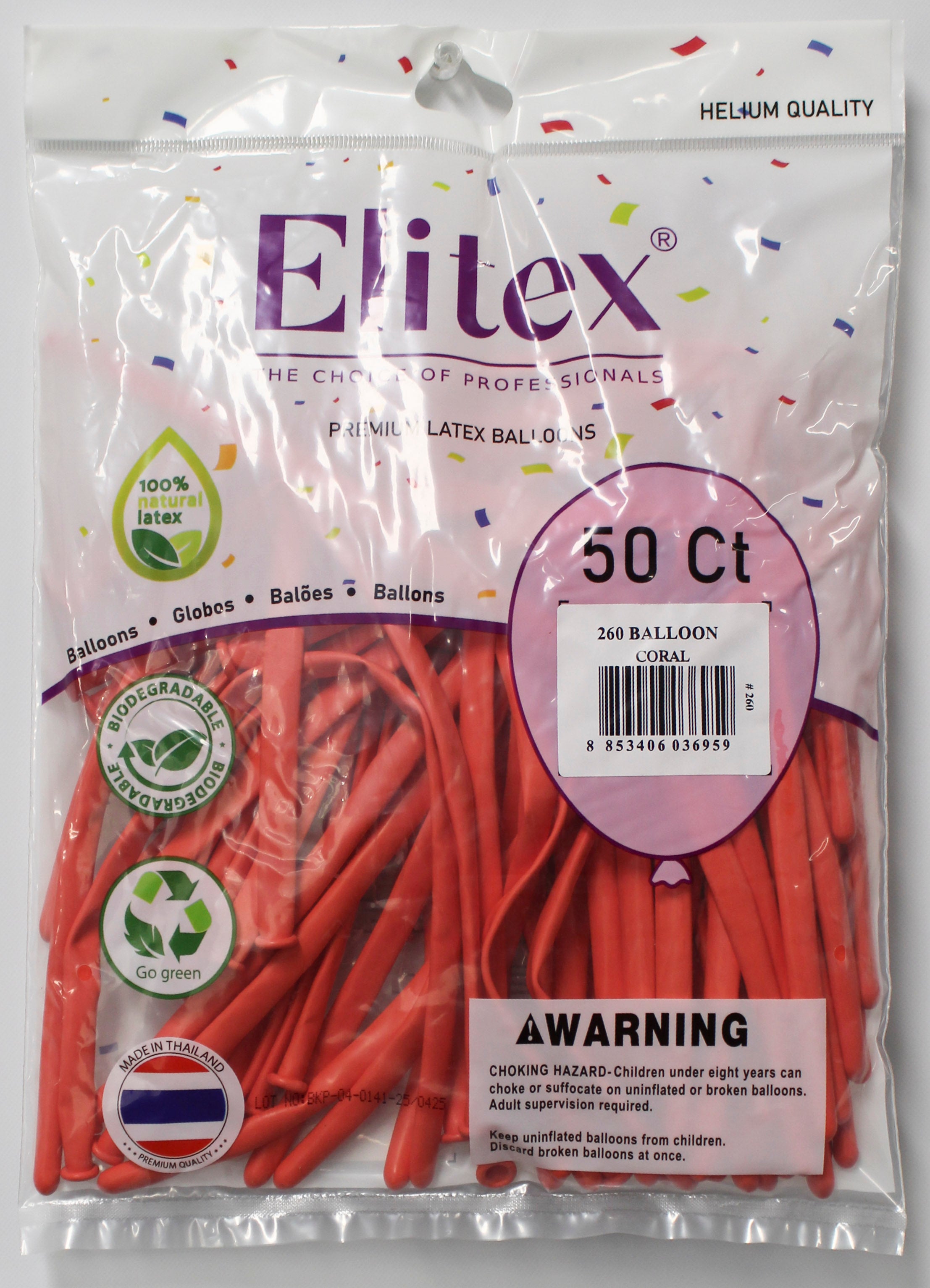 ELITEX 260" PASTEL CORAL MODELLING BALLOON, 50 PACK