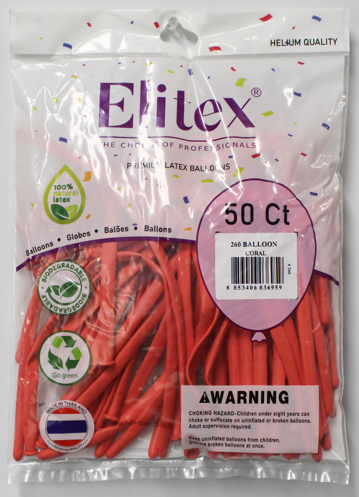 ELITEX 260" PASTEL CORAL MODELLING BALLOON, 50 PACK