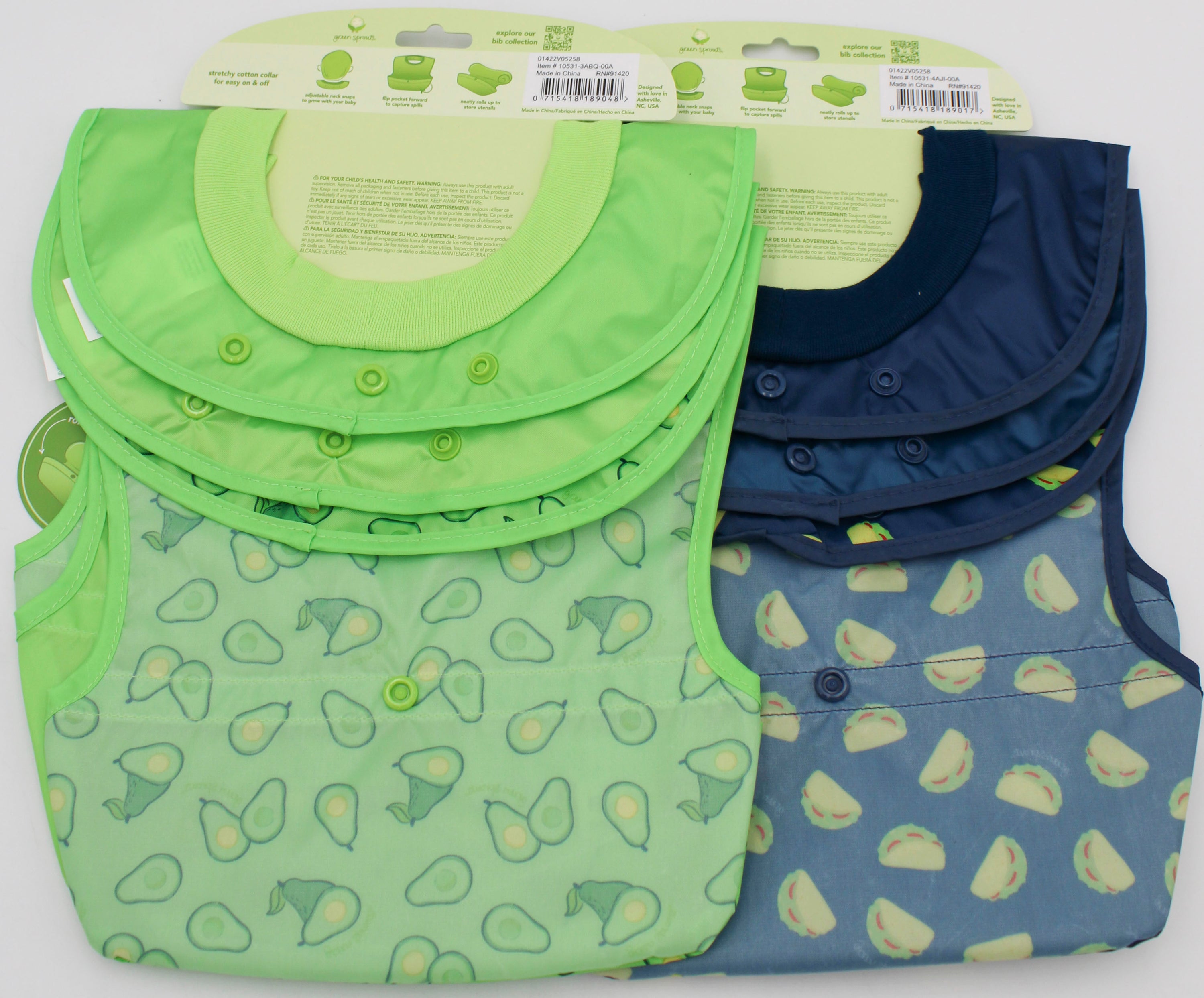 O2COOL 3PK SNAP & GO EASY-WEAR PULL-OVER BIB -GREEN AVOCADOS & NAVY TACOS  6MO-3T NI