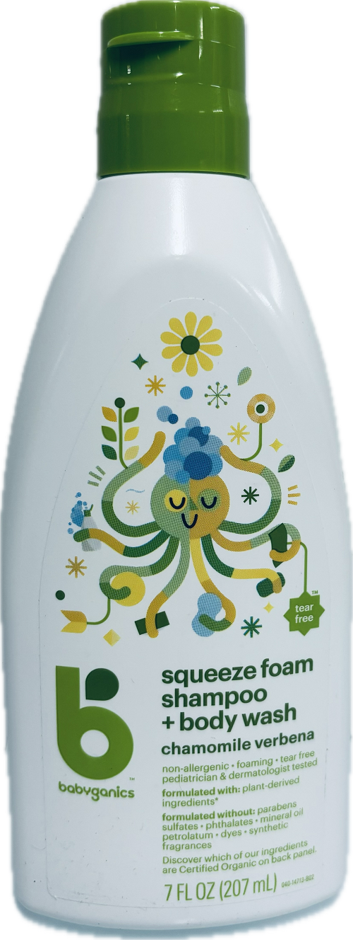 BABYGANICS SQUEEZE FOAM SHAMPOO + BODY WASH  7oz
