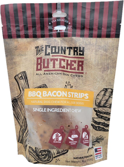 THE COUNTRY BBQ BACON STRIPS DOG CHEW 4ozBAG NATURAL PORK SKIN BB 12/2/26