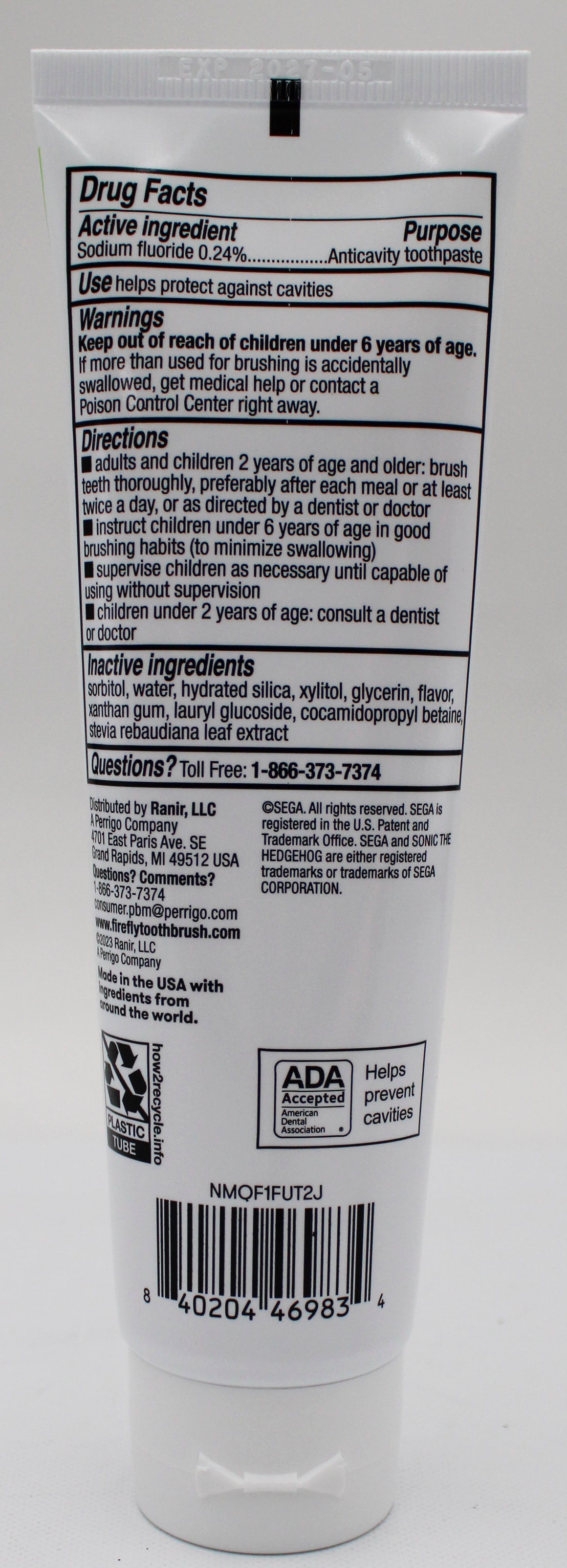 FIREFLY KIDS ANTI-CAVITY FLUORIDE BUBBLEGUM TOOTHPASTE 4.2oz  - SONIC THE HEDGEHOG EXP 4/30/2027 NI