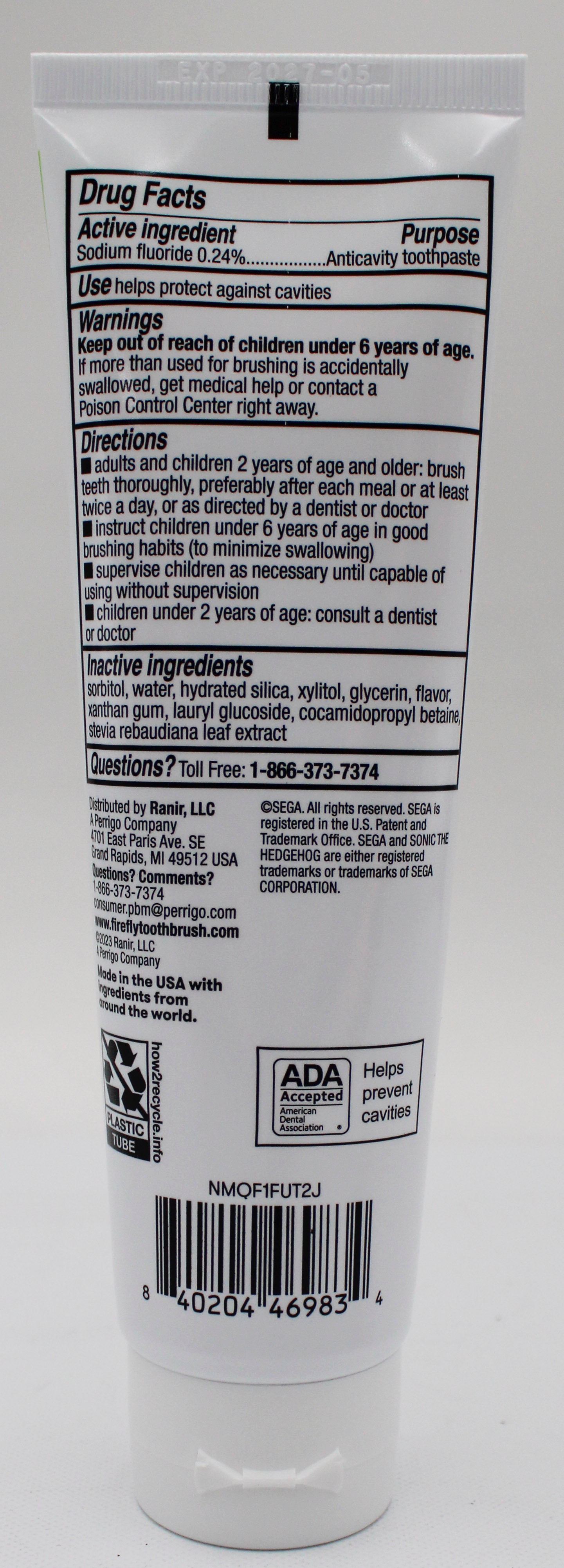 FIREFLY KIDS ANTI-CAVITY FLUORIDE BUBBLEGUM TOOTHPASTE 4.2oz  - SONIC THE HEDGEHOG EXP 4/30/2027 NI
