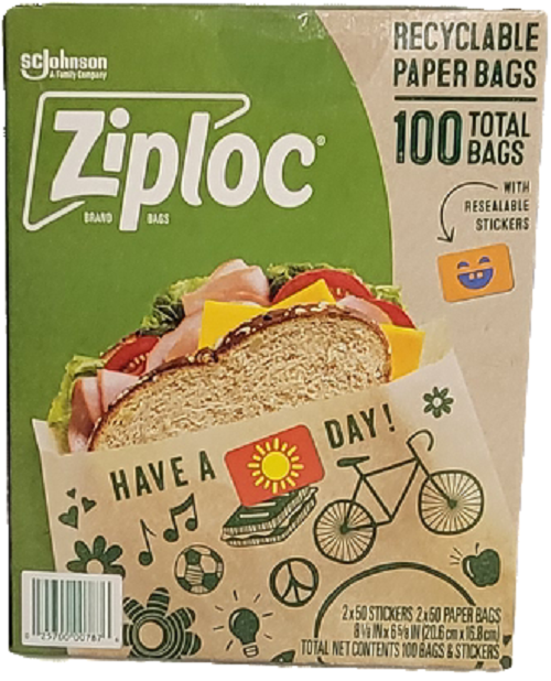 ZIPLOC RECYCLABLE PAPER BAGS 150PK 100CT SANDWICH BAGS   8 1/8X6 5/8" PALLET DISPLAY.