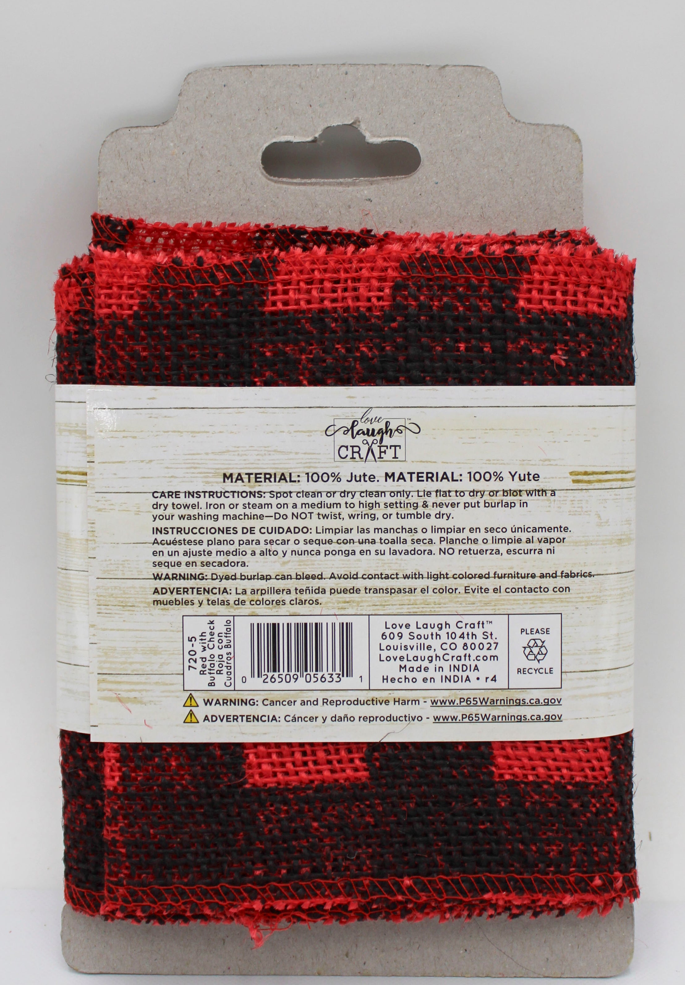 5 IN   X 3 YD   RED BURLAP RIBBON - FRAYED EDGES - BLACK SCREENPRINT BUFFALO CHECK