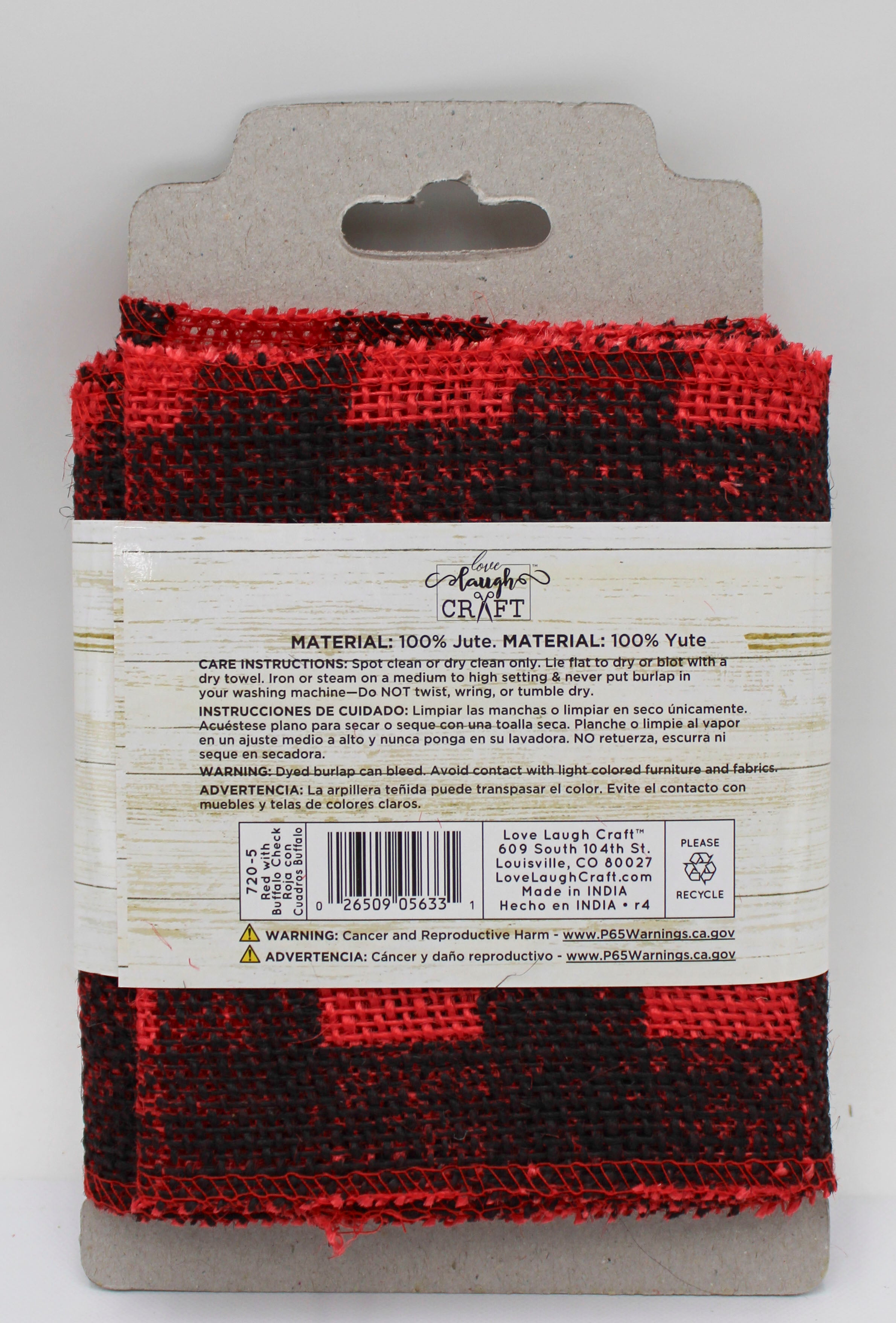 5 IN   X 3 YD   RED BURLAP RIBBON - FRAYED EDGES - BLACK SCREENPRINT BUFFALO CHECK