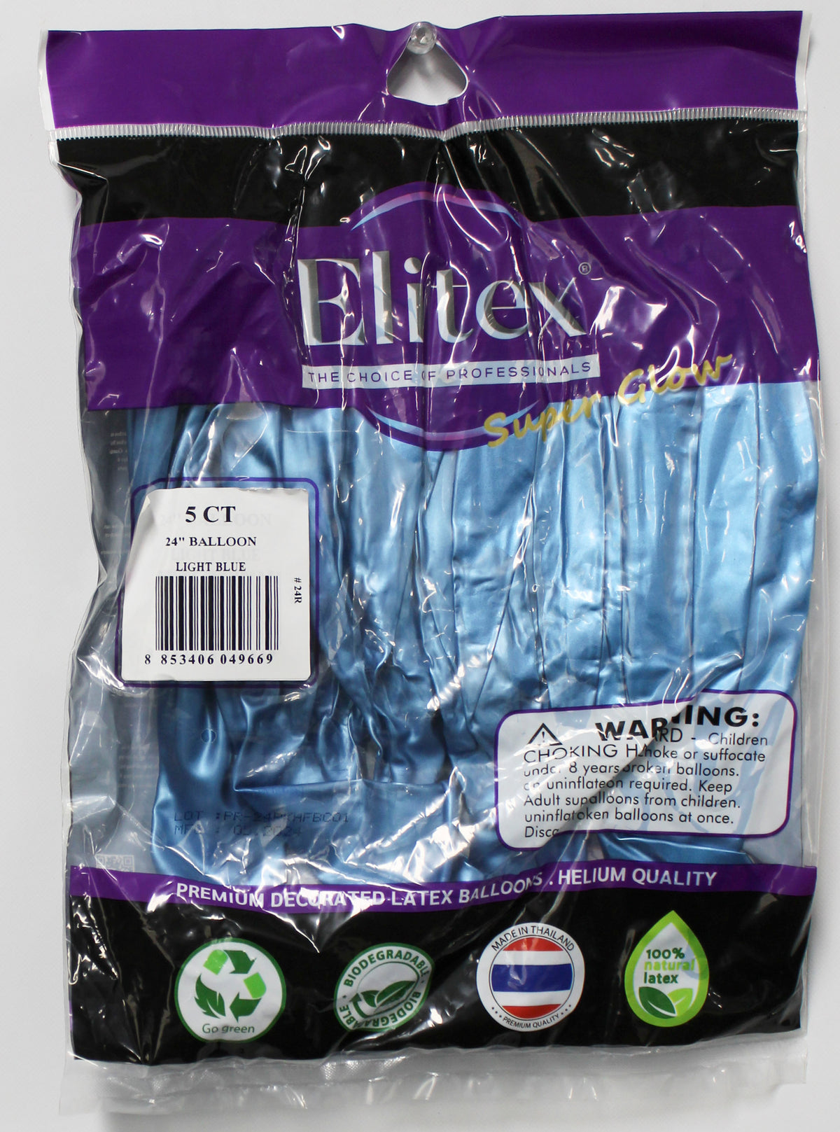 ELITEX 24" SUPERGLOW LIGHT BLUE ROUND BALLOON, 5 PACK