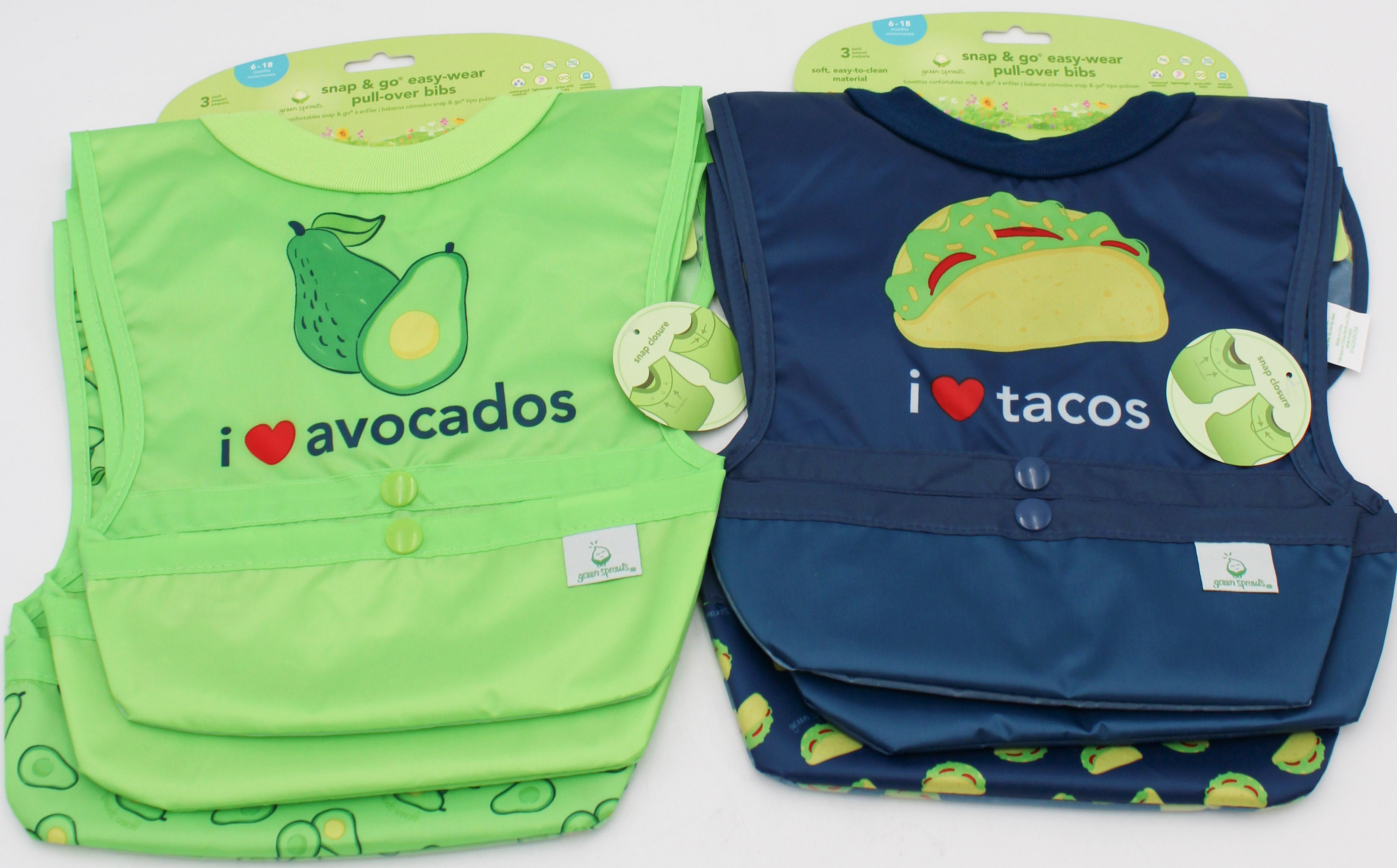 O2COOL 3PK SNAP & GO EASY-WEAR PULL-OVER BIB -GREEN AVOCADOS & NAVY TACOS  6MO-3T NI