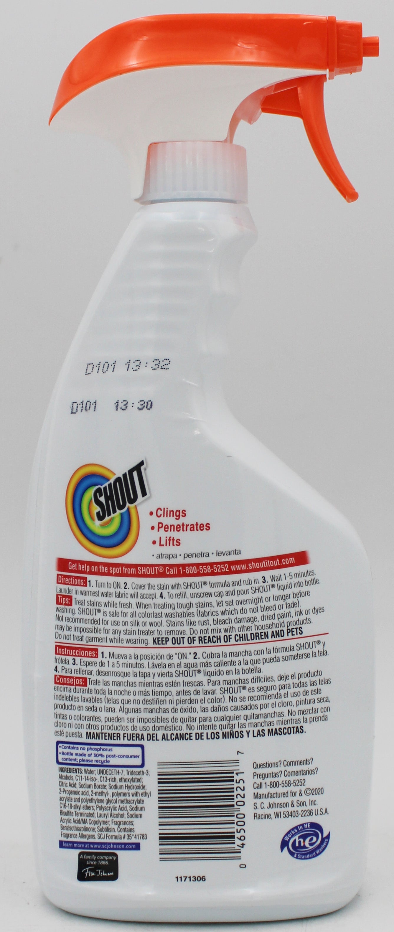 SHOUT TRIPLE-ACTING LAUNDRY STAIN REMOVER TRIGGER 22floz