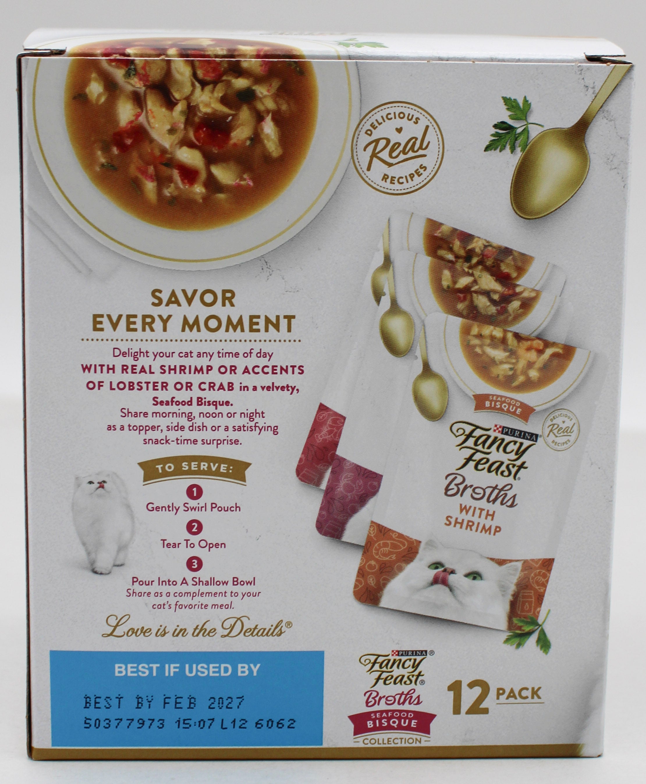PURINA FANCY FEAST BROTHS SEAFOOD BISQUE & SHRIMP 1.4oz/12CT BB 2/28/2027 NI