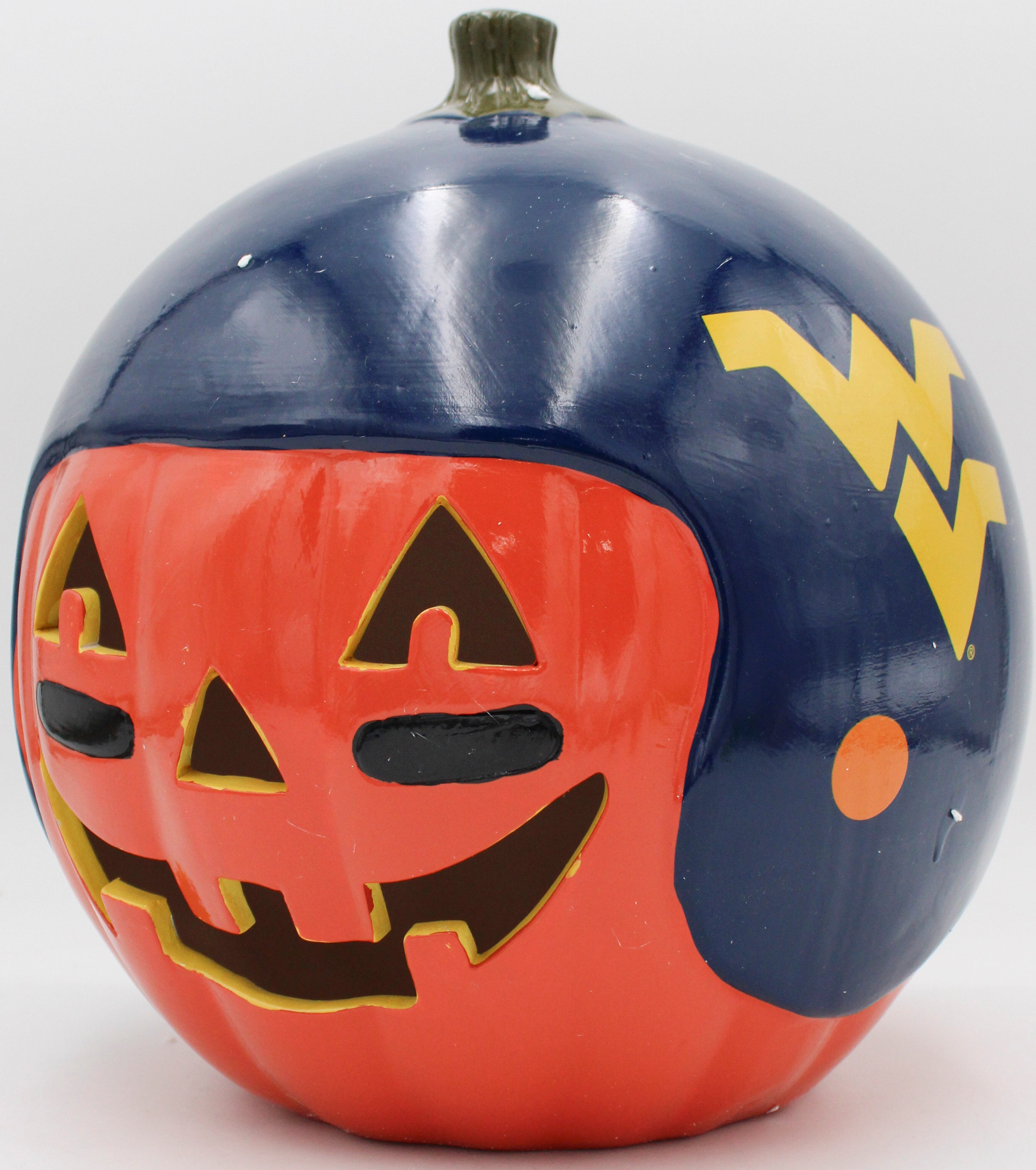 OFFICIALLY LICENCED WEST VIRGINIA MOUNTAINEERS CERAMIC PUMPKIN HELMET 10"