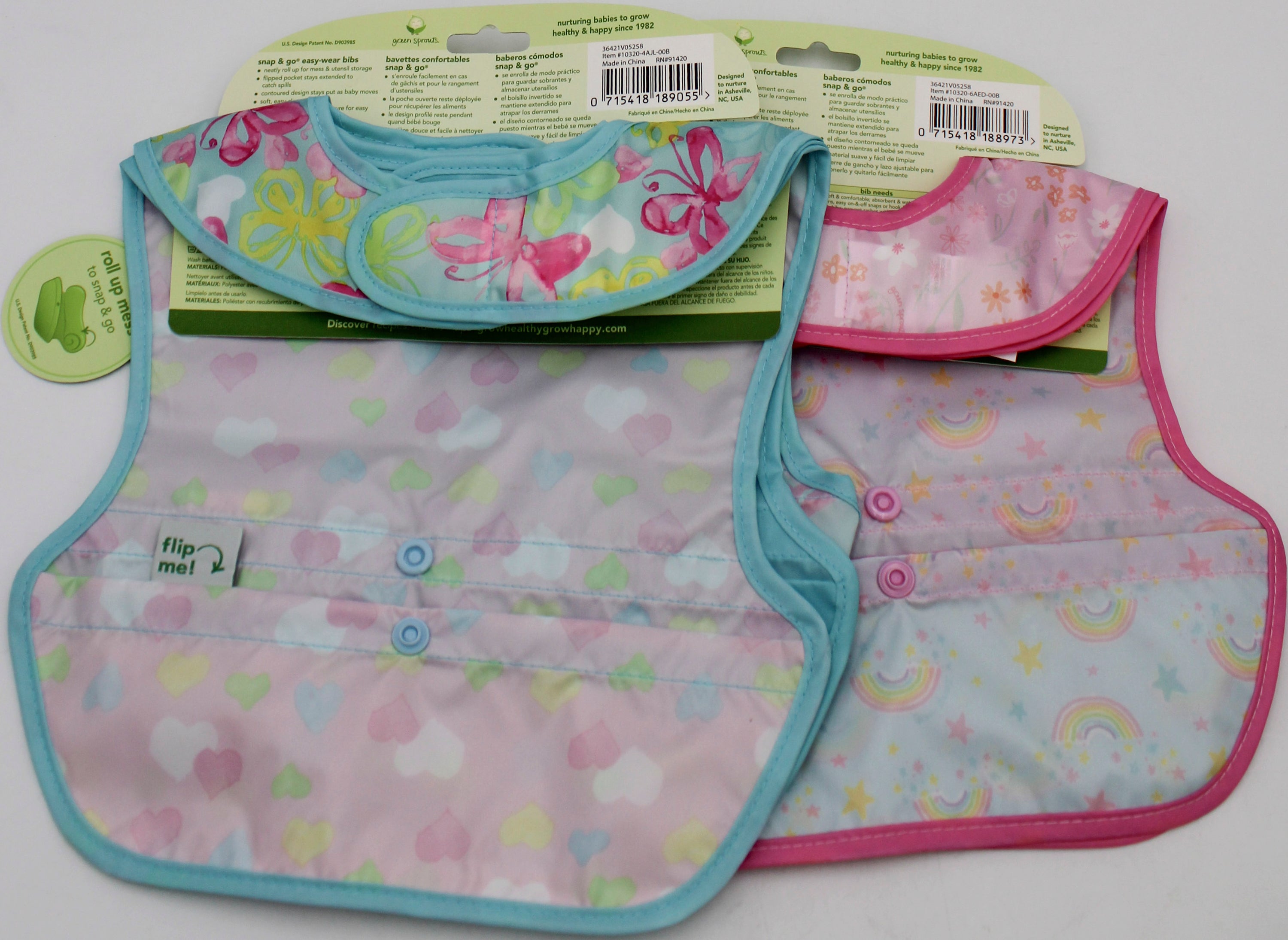 O2COOL 3PK SNAP & GO EASY-WEAR PULL-OVER BIB -AQUA WATERCOLOR BUTTERFLIES & PINK WILDFLOWERS - 9MO-18MO