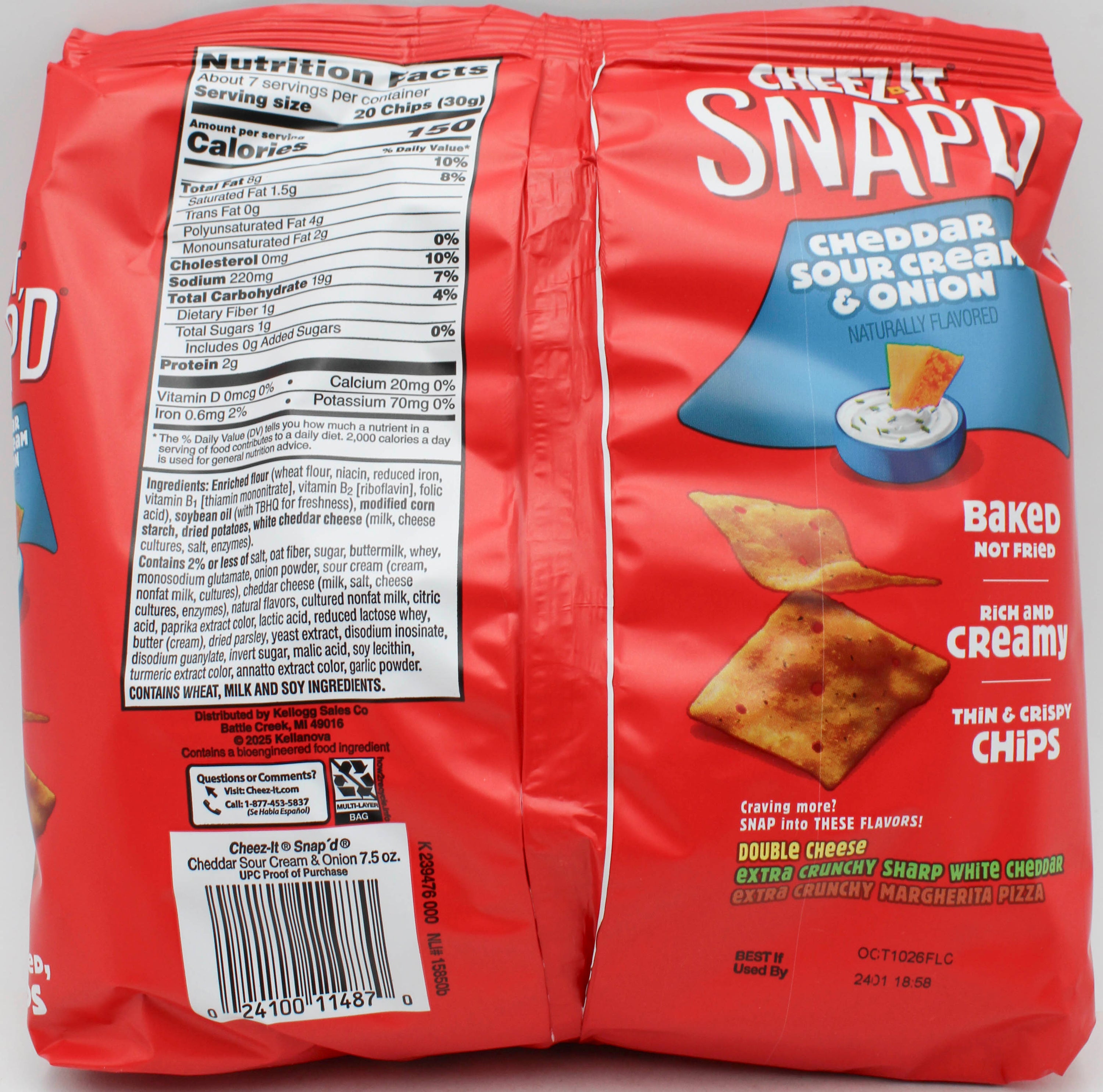 CHEEZ-IT SNAP'D CHEDDAR SOUR CREAM AND ONION CRACKER 7.5 Oz NI BB 10/10/26