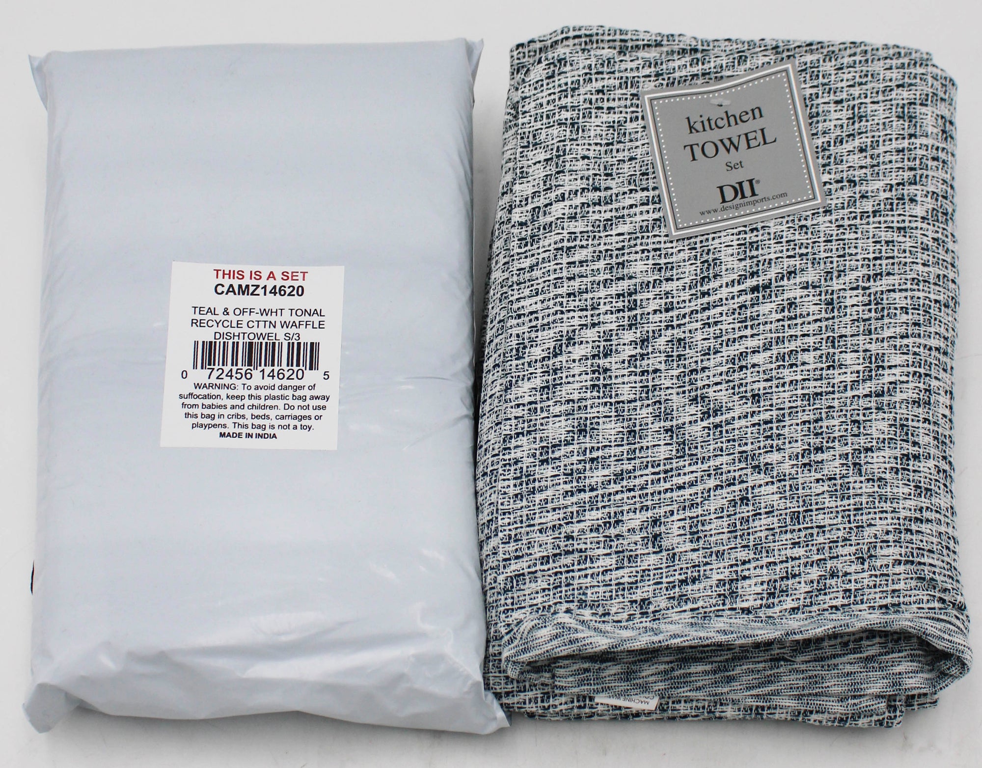 3CT  COTTON WAFFLE DISHTOWEL SET -TEAL GREEN/OFF-WHITE