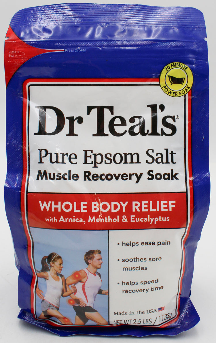 Dr Teal’s Pure Epsom Salt Muscle Recovery Soak with Arnica, Menthol & Eucalyptus 2.5 lb (1.133 kg) product package