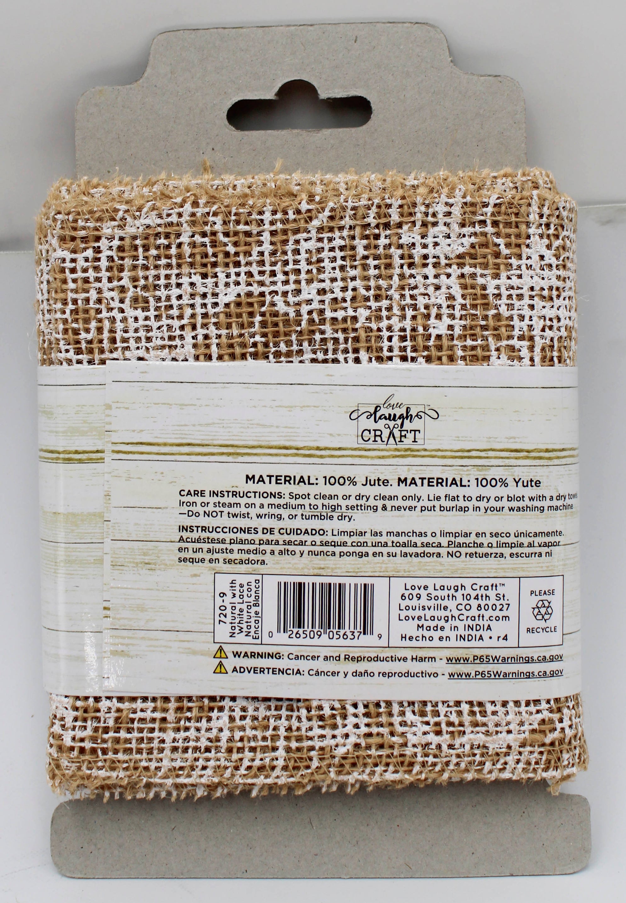 Natural Burlap Ribbon 5in x 3yd, Finished Edges, White Lace