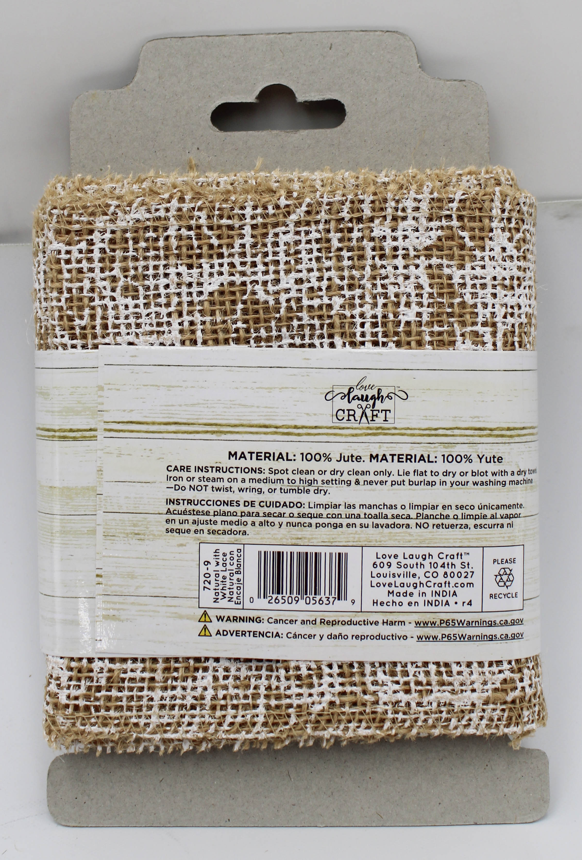 Natural Burlap Ribbon 5in x 3yd, Finished Edges, White Lace